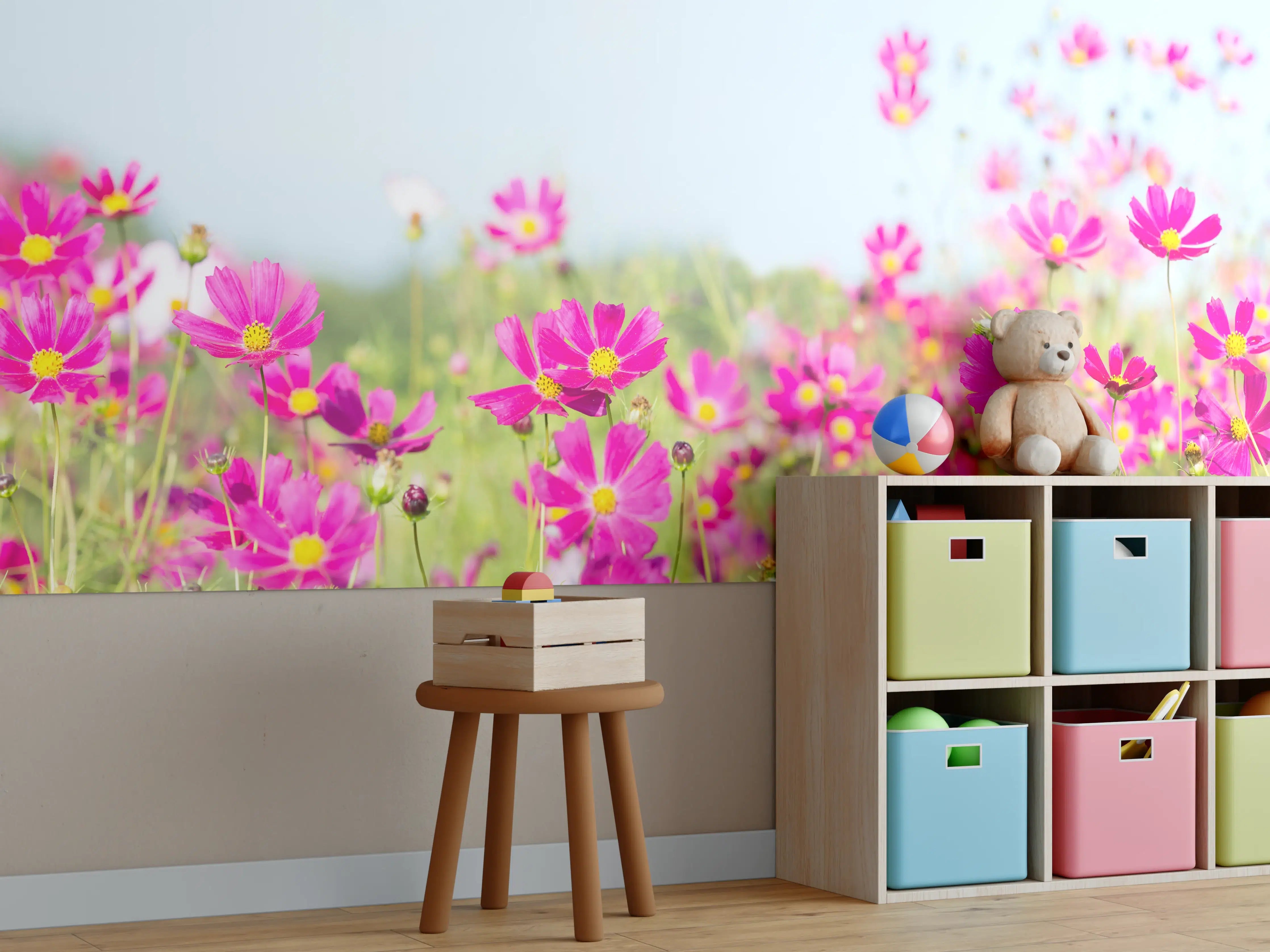 Kinderzimmer Wandgestaltung - Rosa Blumenwiese Panorama
