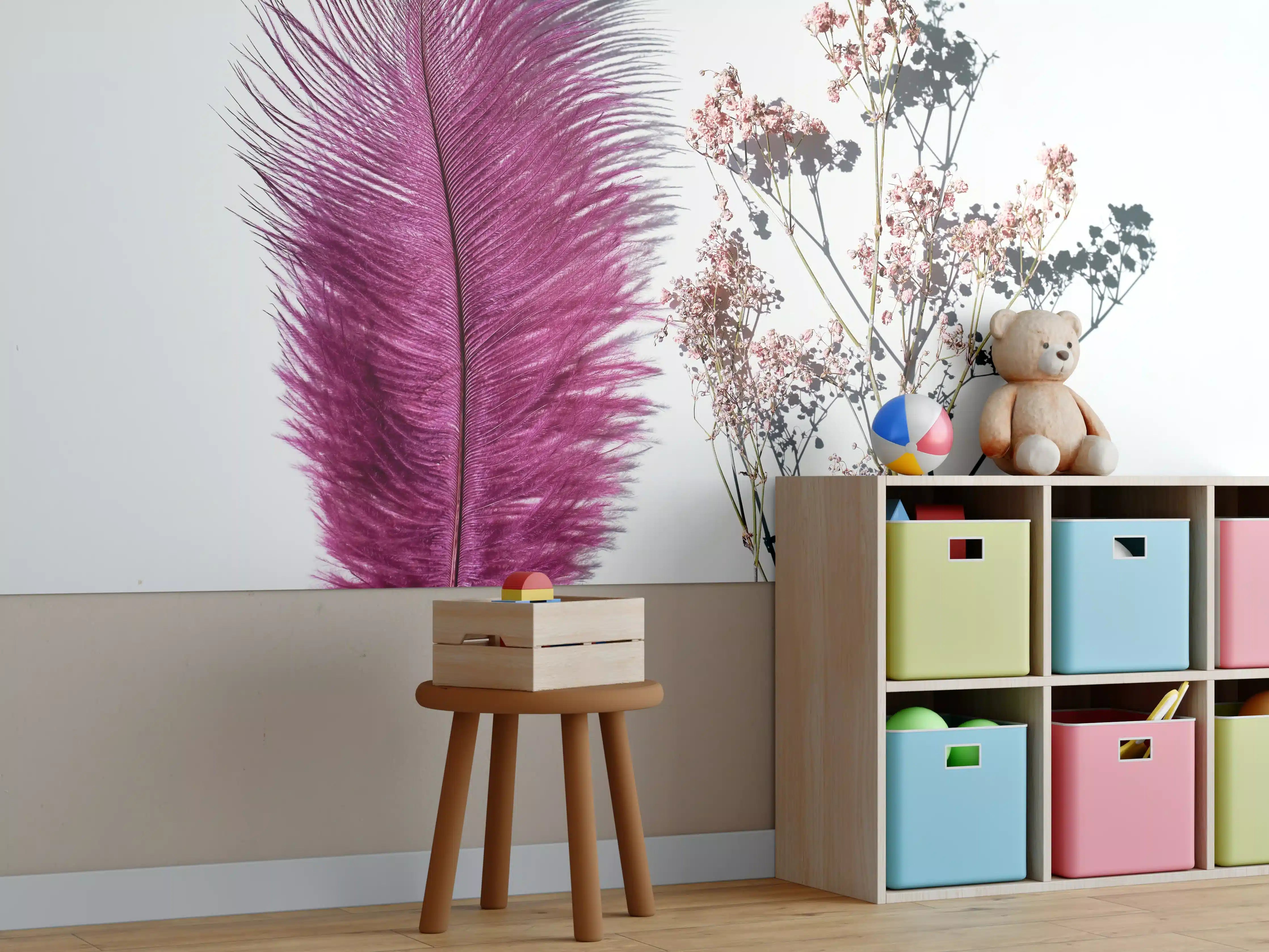 Kinderzimmer Wandgestaltung - Rosa Feder und Trockenblumen 