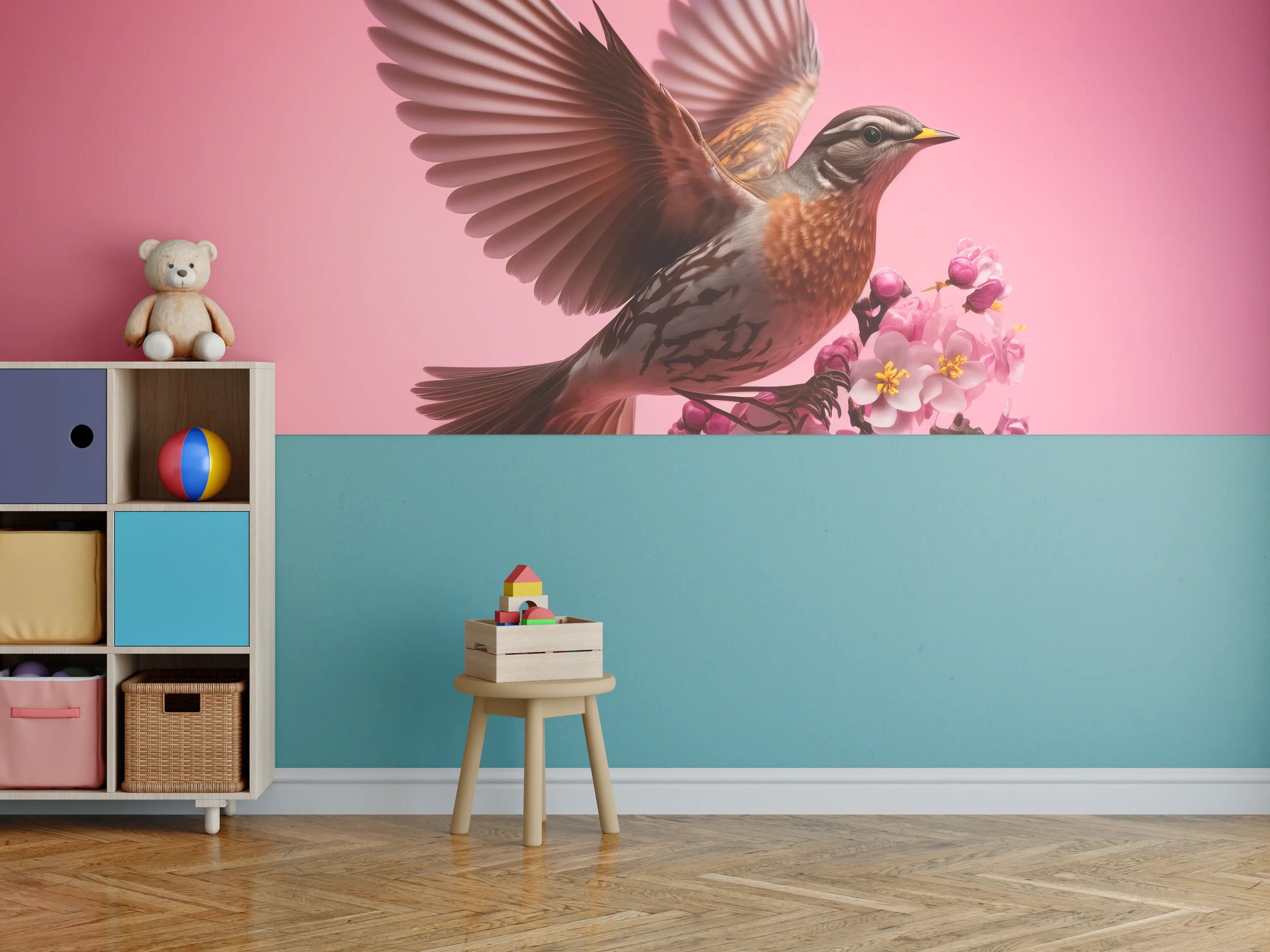 Kinderzimmer Wandgestaltung - Rosa Kirschblüten Vogelflug