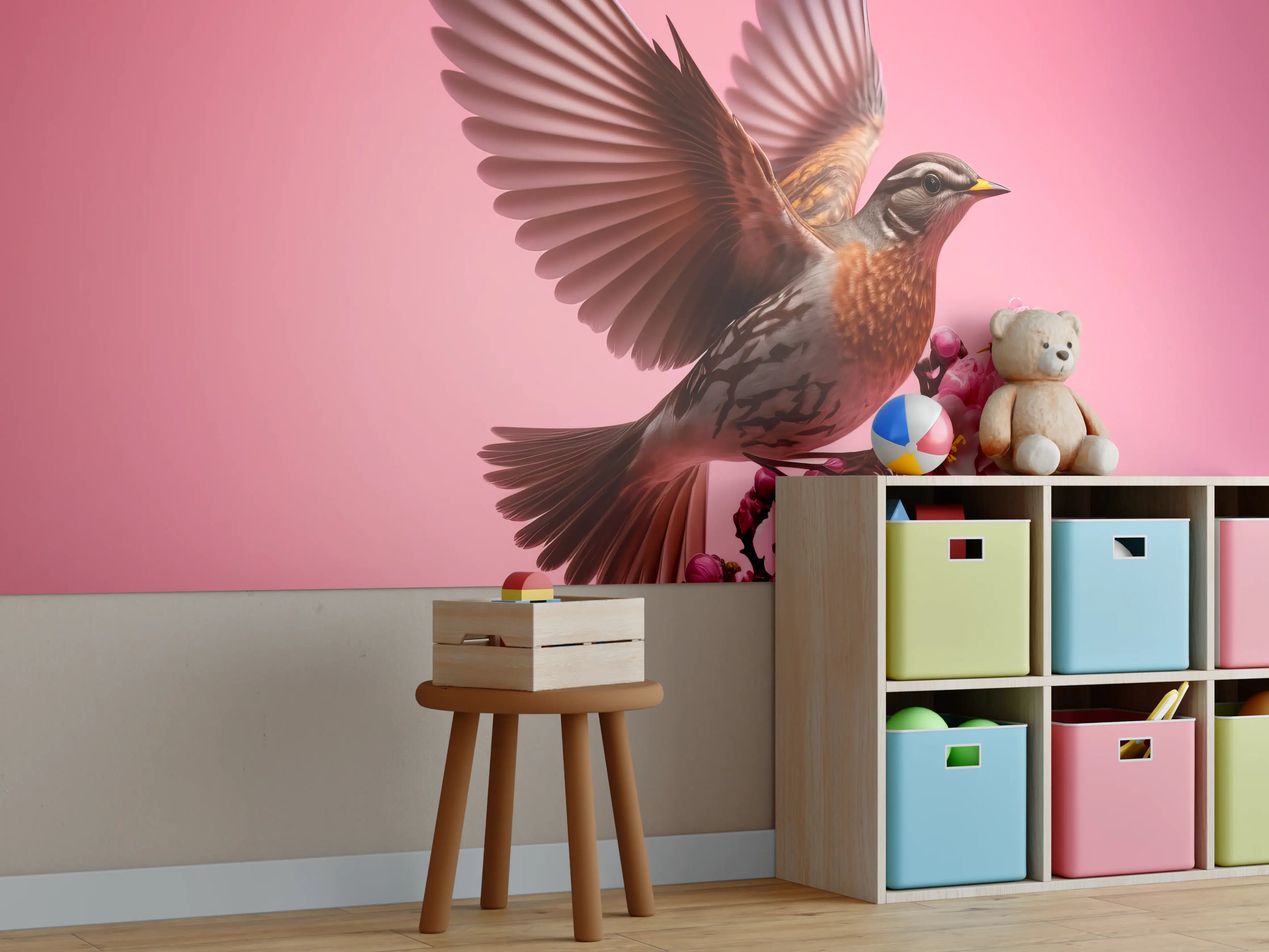 Kinderzimmer Wandgestaltung - Rosa Kirschblüten Vogelflug