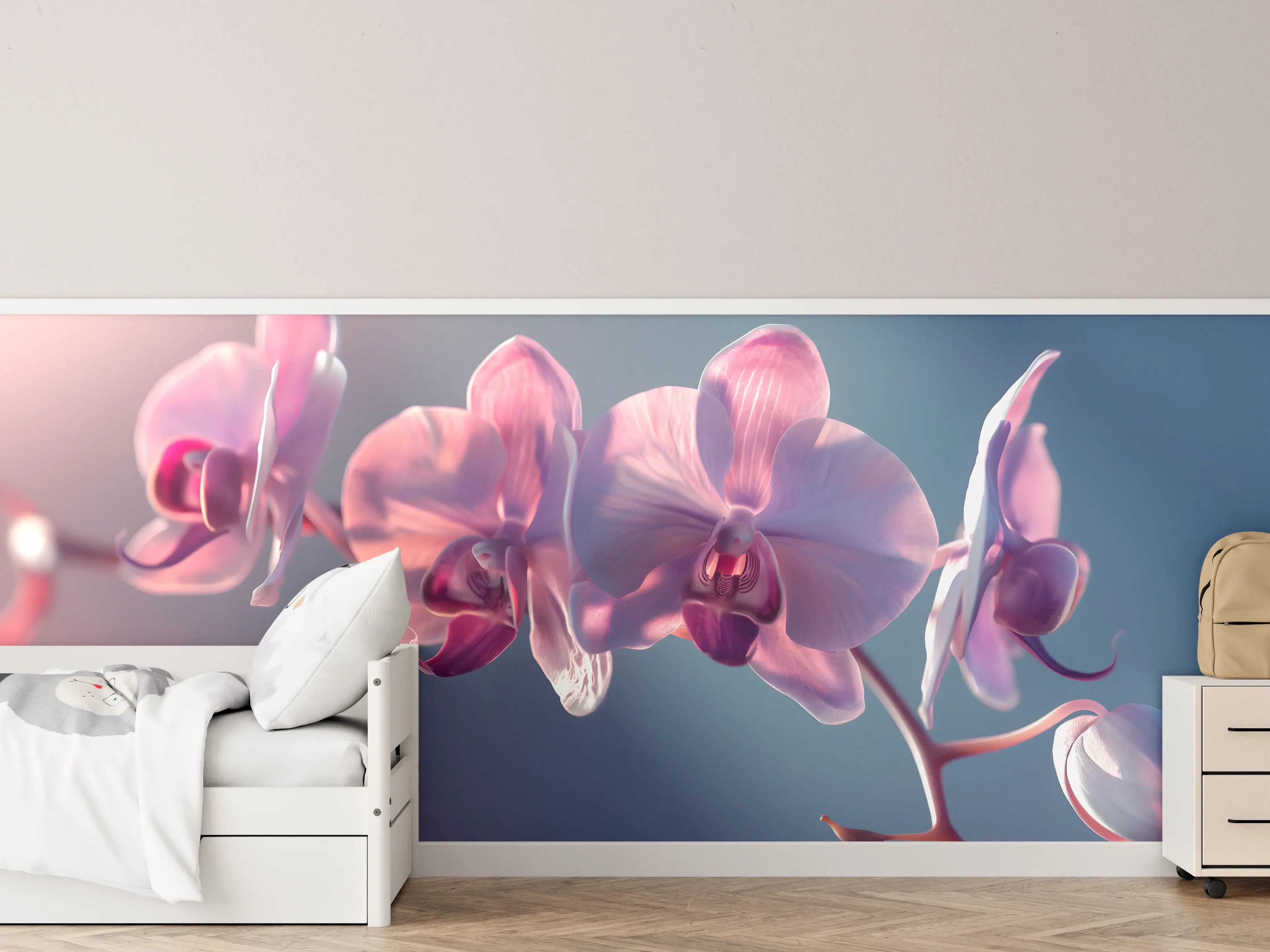 Kinderzimmer Wandgestaltung - Rosa Orchideen auf Blau