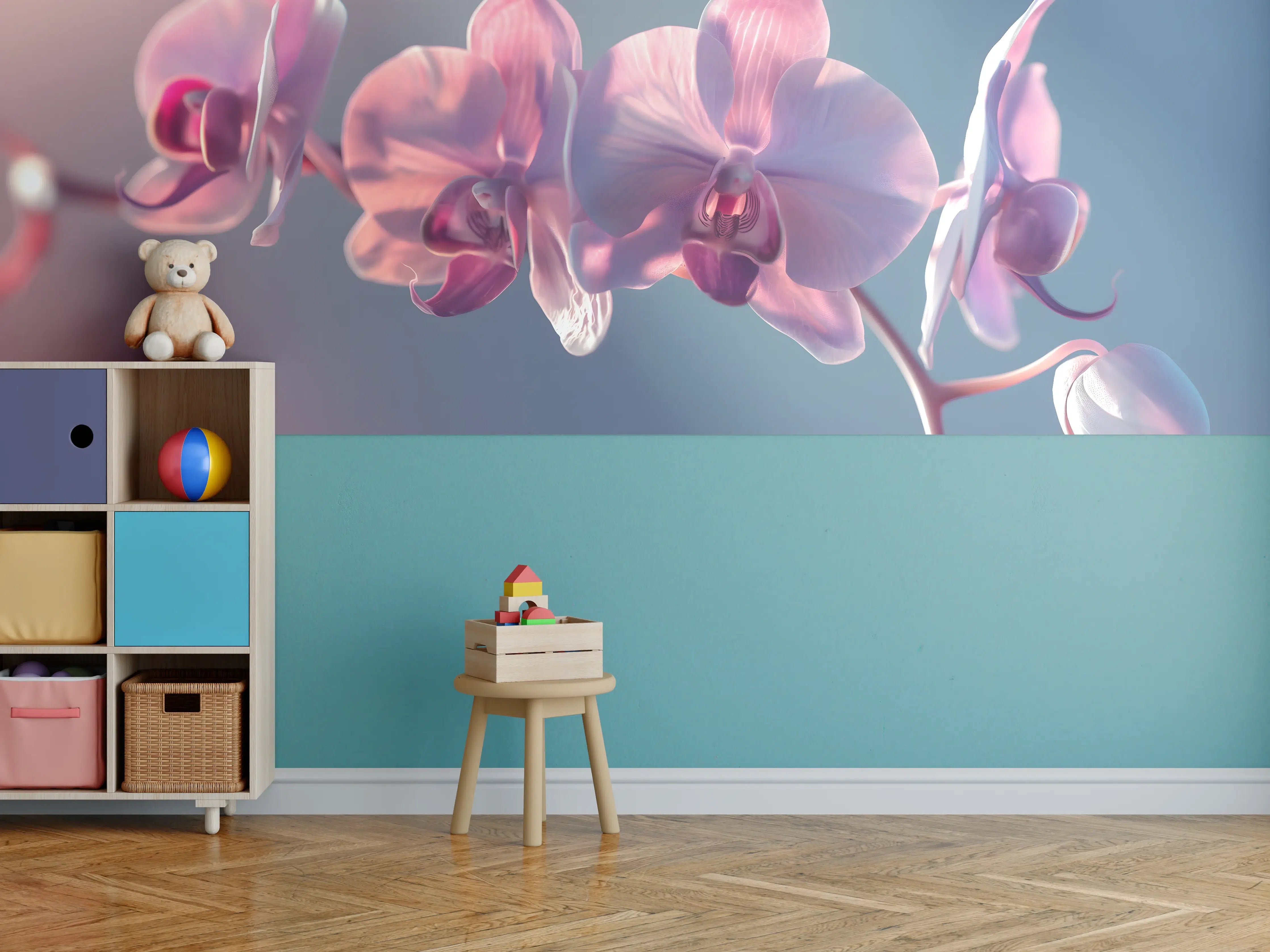 Kinderzimmer Wandgestaltung - Rosa Orchideen auf Blau