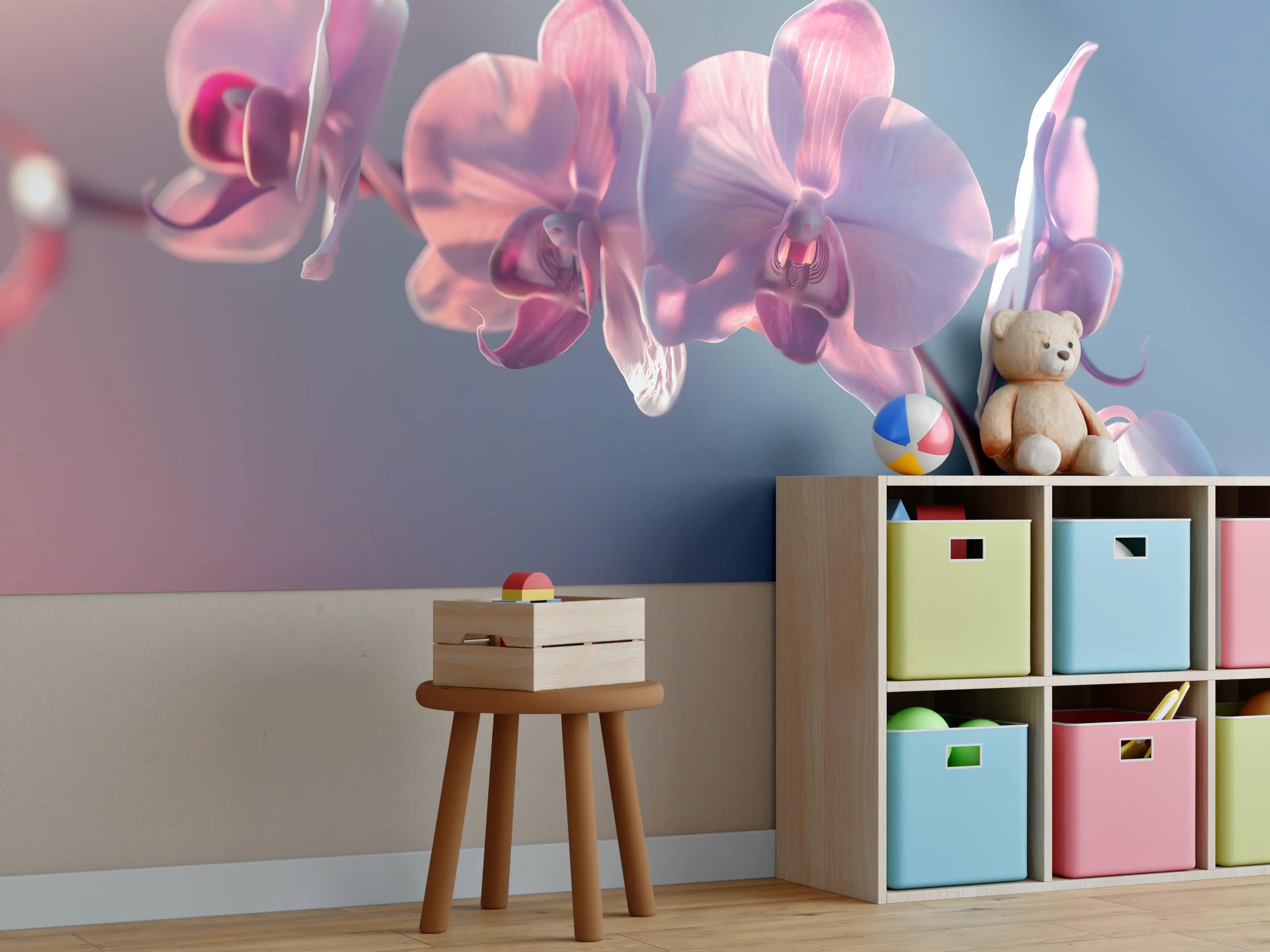 Kinderzimmer Wandgestaltung - Rosa Orchideen auf Blau