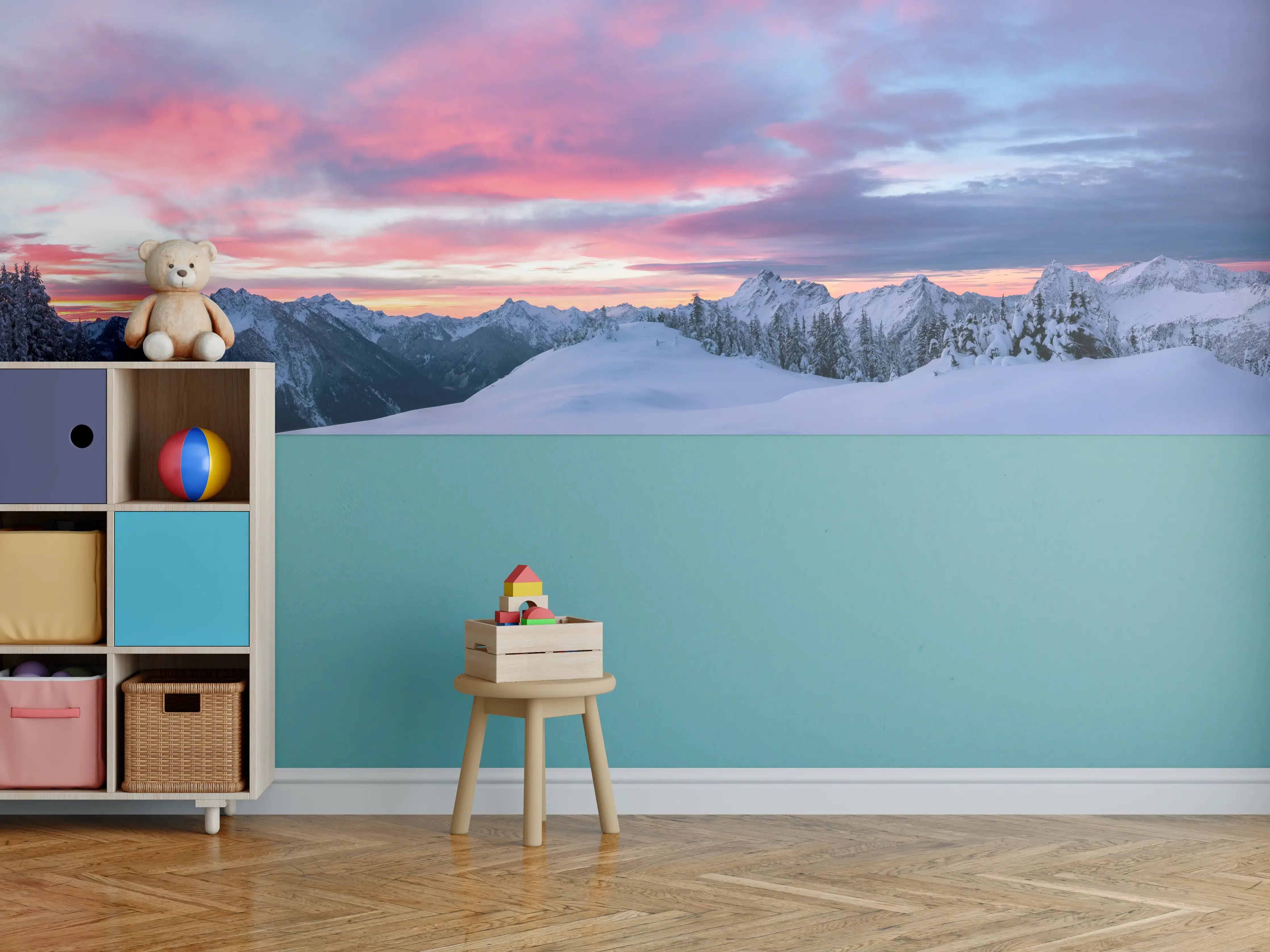 Kinderzimmer Wandgestaltung - Rosa Sonnenuntergang Bergpanorama