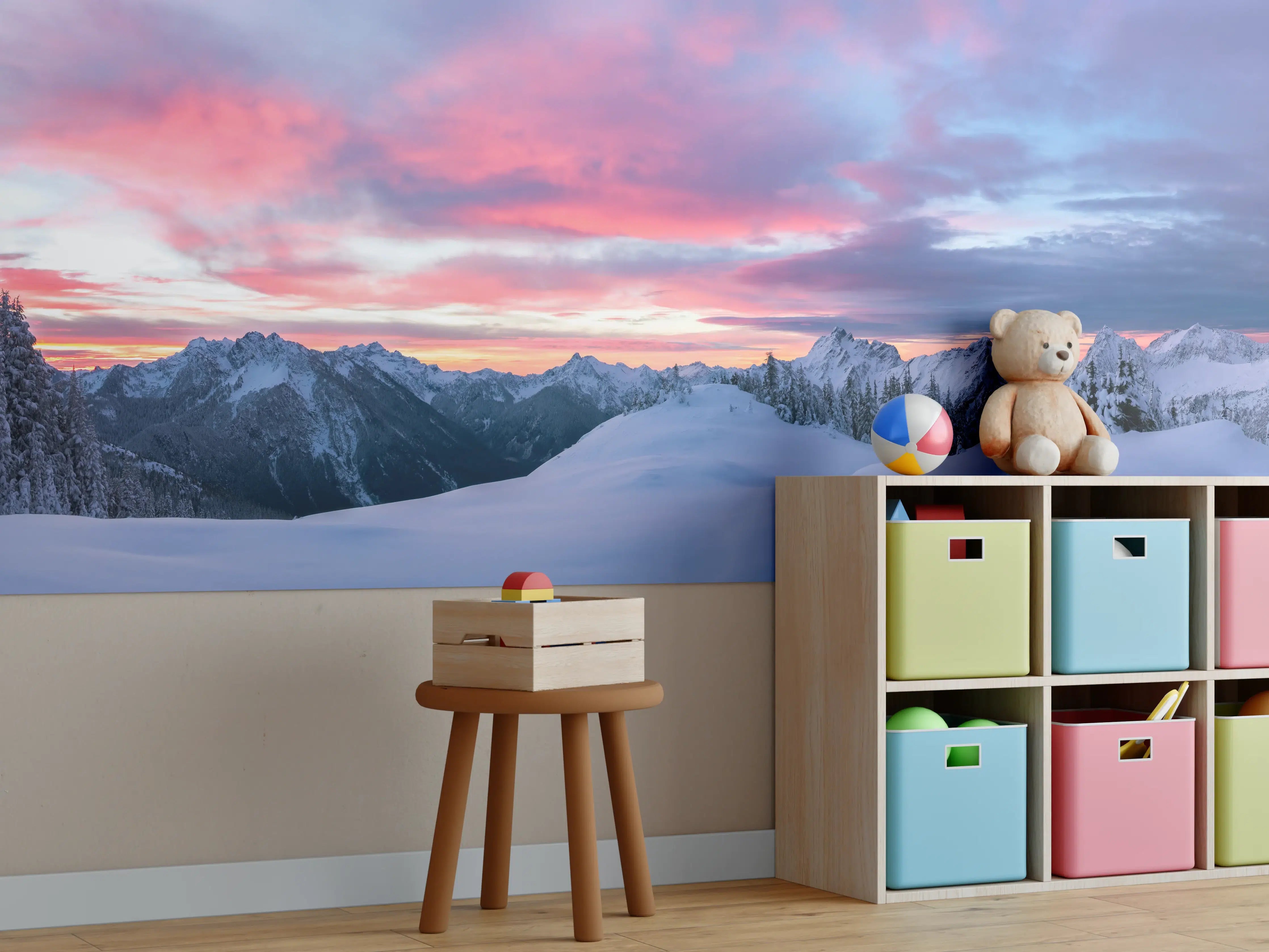 Kinderzimmer Wandgestaltung - Rosa Sonnenuntergang Bergpanorama