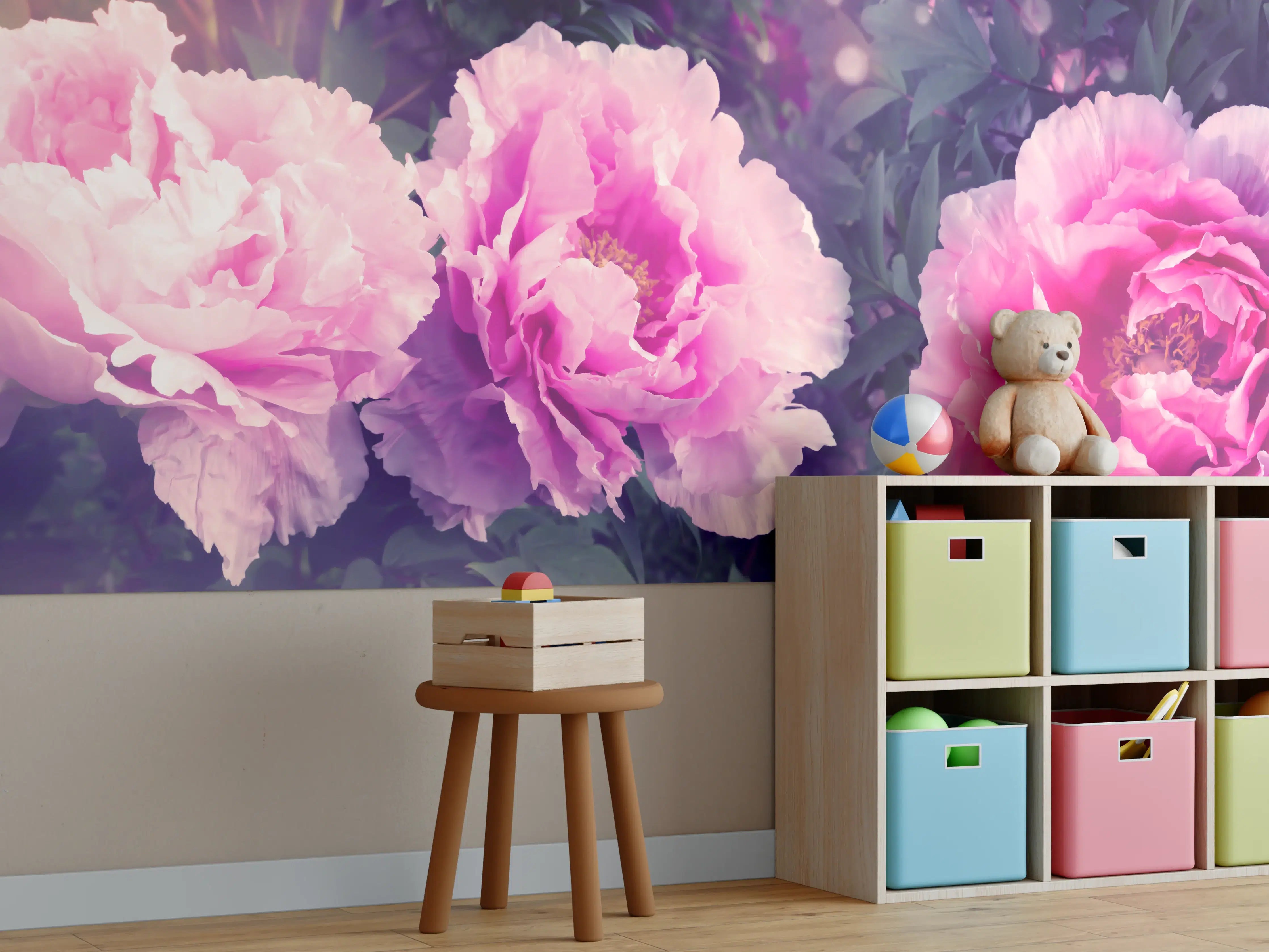 Kinderzimmer Wandgestaltung - Rosa-Weiße Pfingstrosen