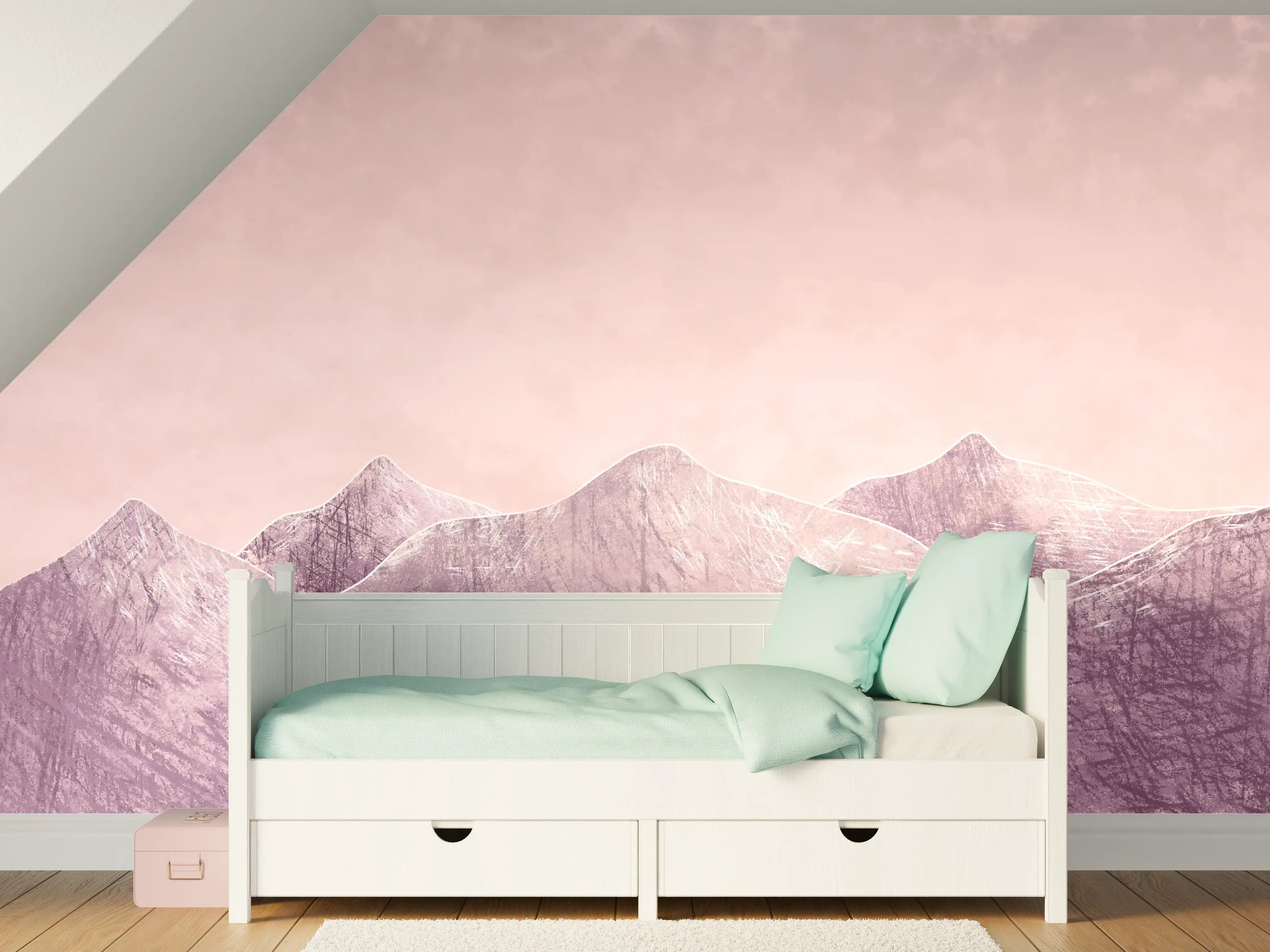 Kinderzimmer Wandgestaltung - Rosa-lilane Berglandschaft - Kunstmalerei