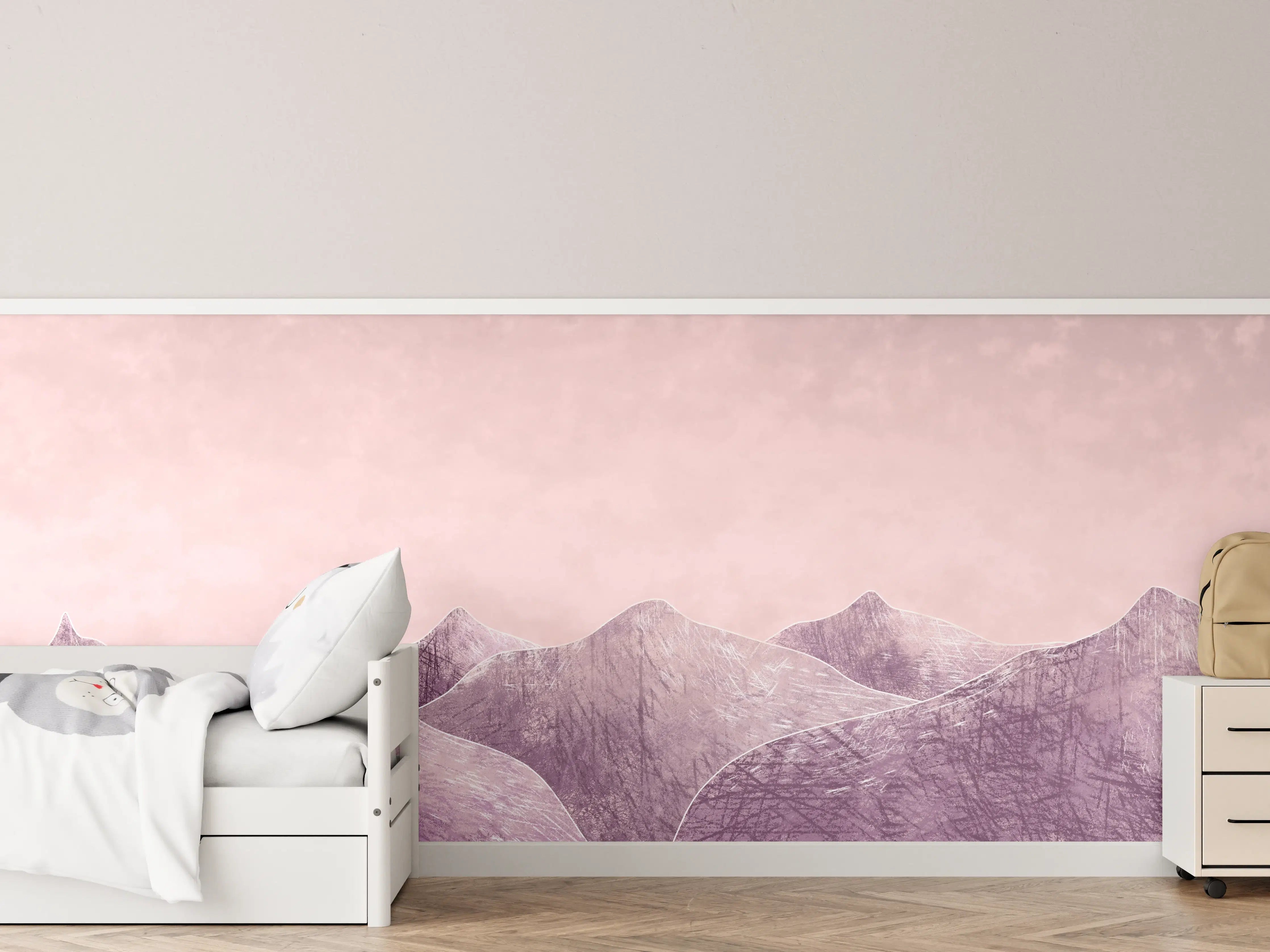 Kinderzimmer Wandgestaltung - Rosa-lilane Berglandschaft - Kunstmalerei