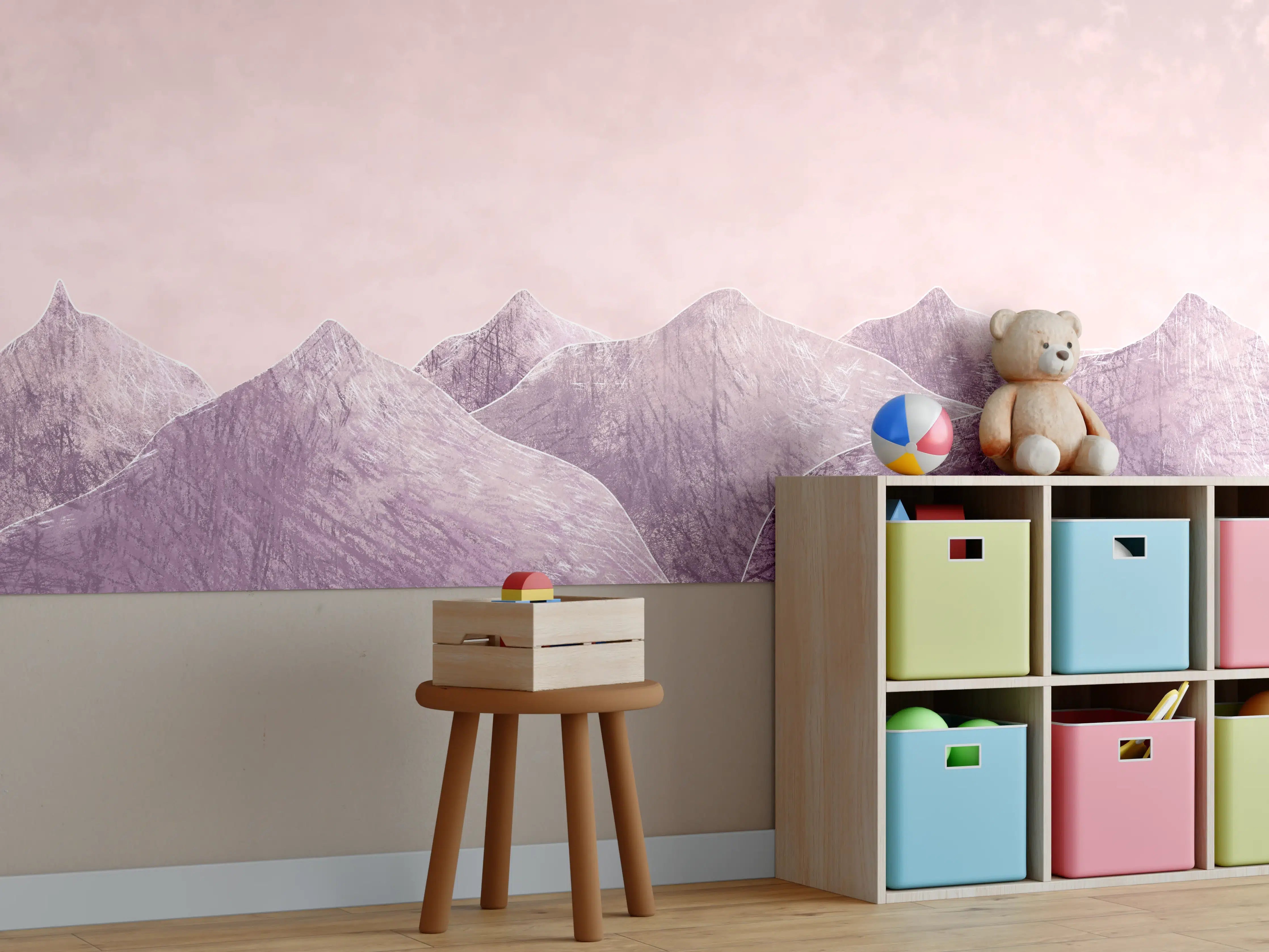 Kinderzimmer Wandgestaltung - Rosa-lilane Berglandschaft - Kunstmalerei