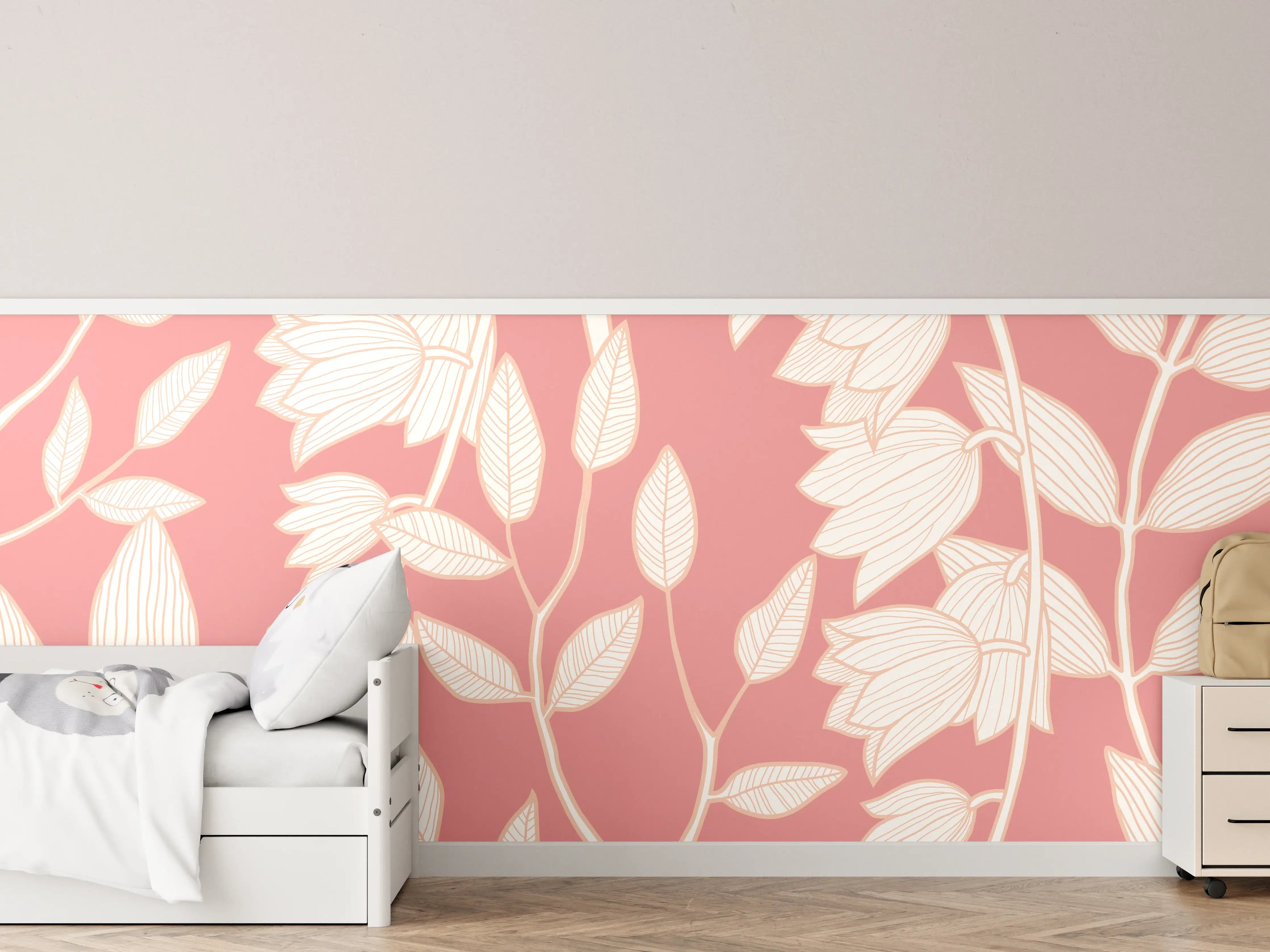 Kinderzimmer Wandgestaltung - Rosafarbenes Blattmuster Tapetendesign