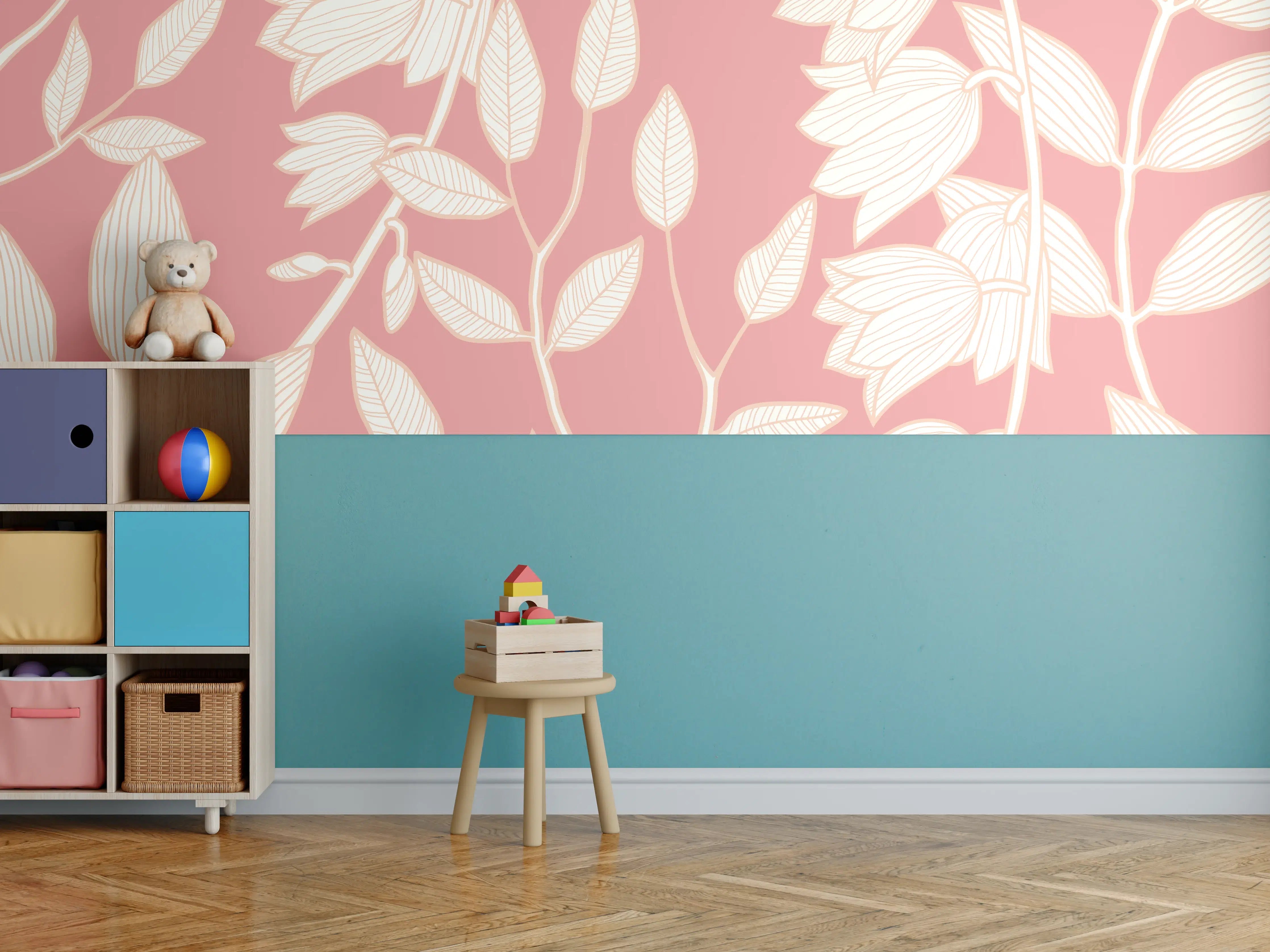 Kinderzimmer Wandgestaltung - Rosafarbenes Blattmuster Tapetendesign