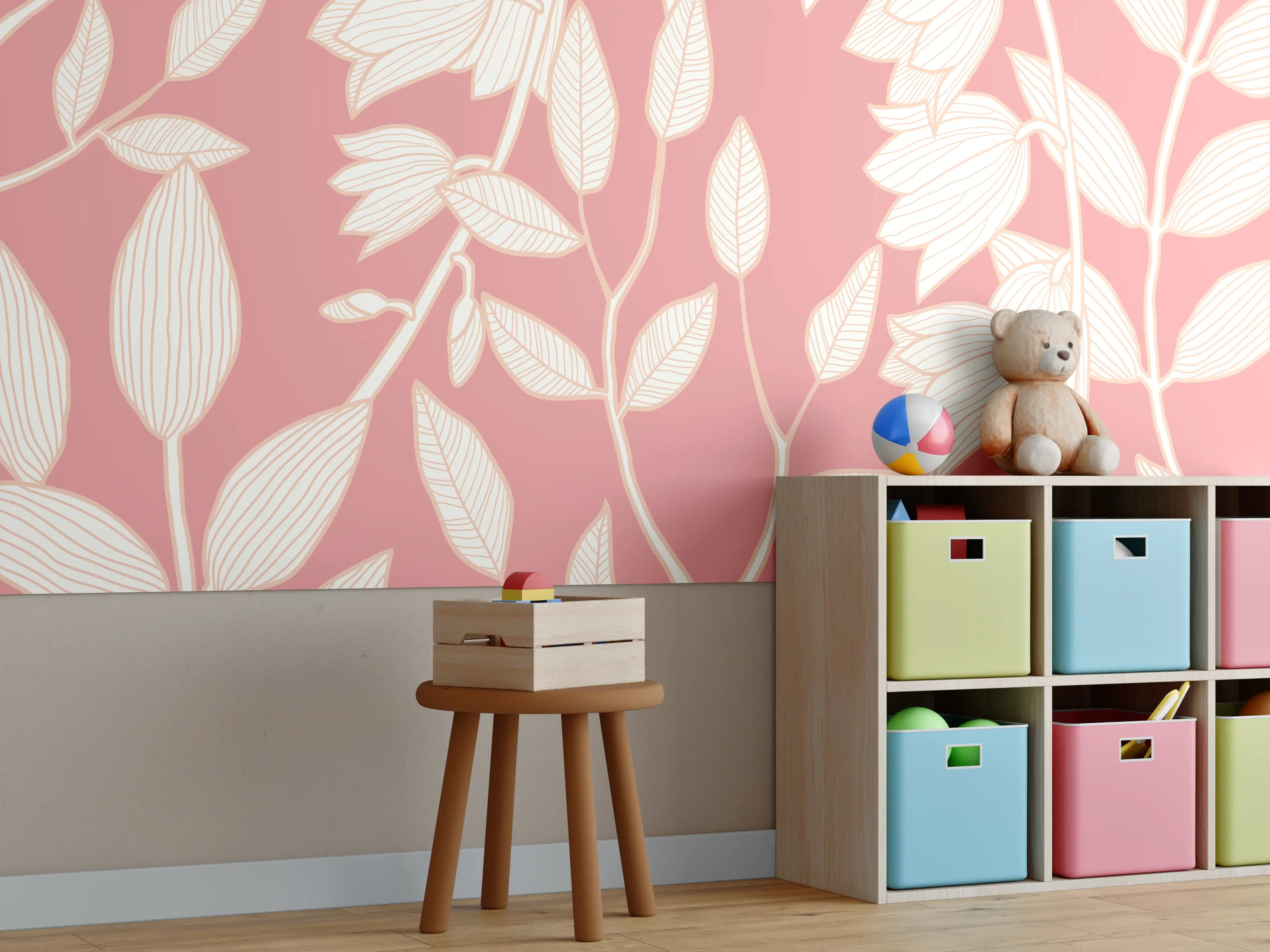 Kinderzimmer Wandgestaltung - Rosafarbenes Blattmuster Tapetendesign