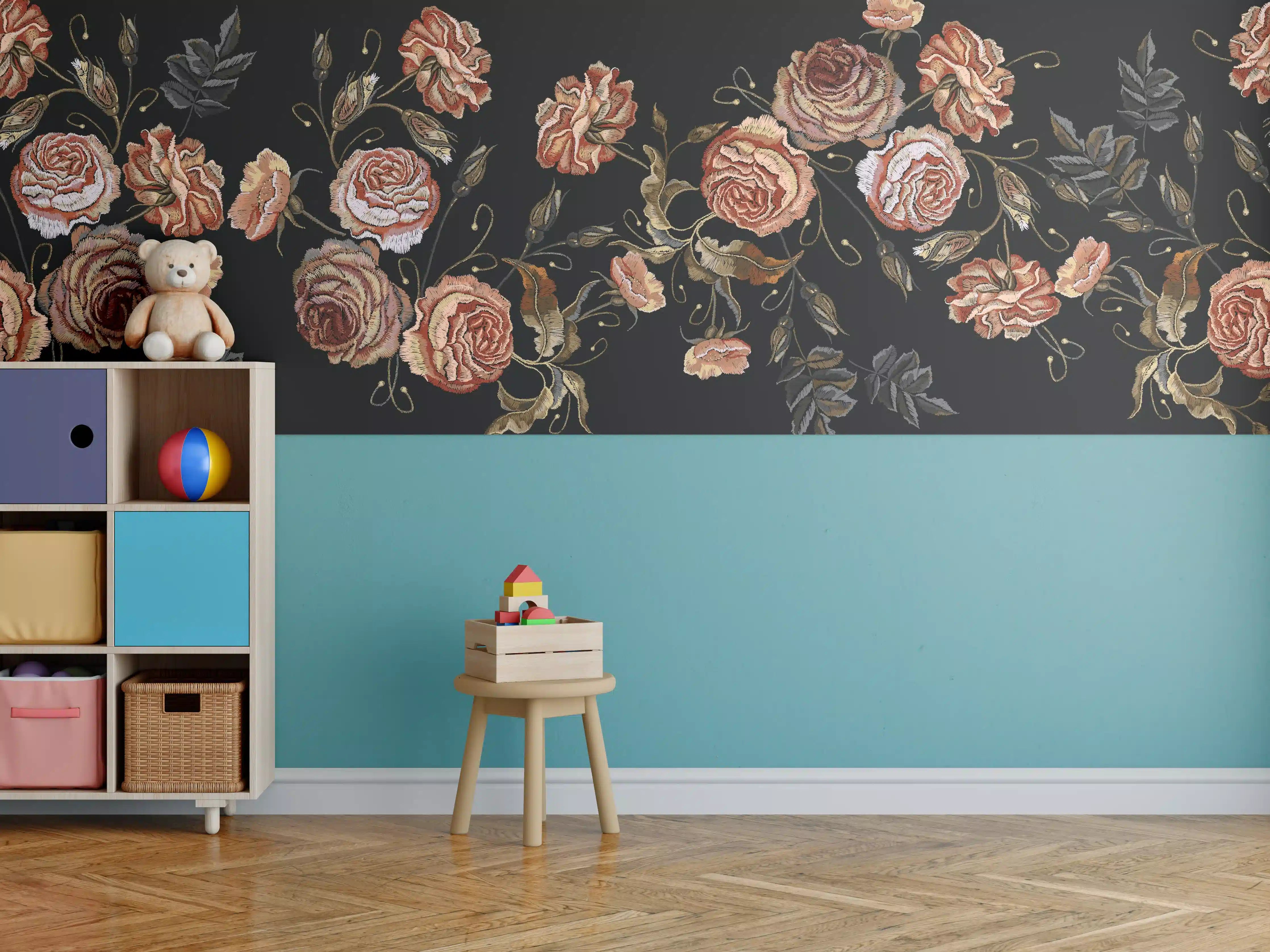 Kinderzimmer Wandgestaltung - Rosenstickerei Renaissance Schwarz