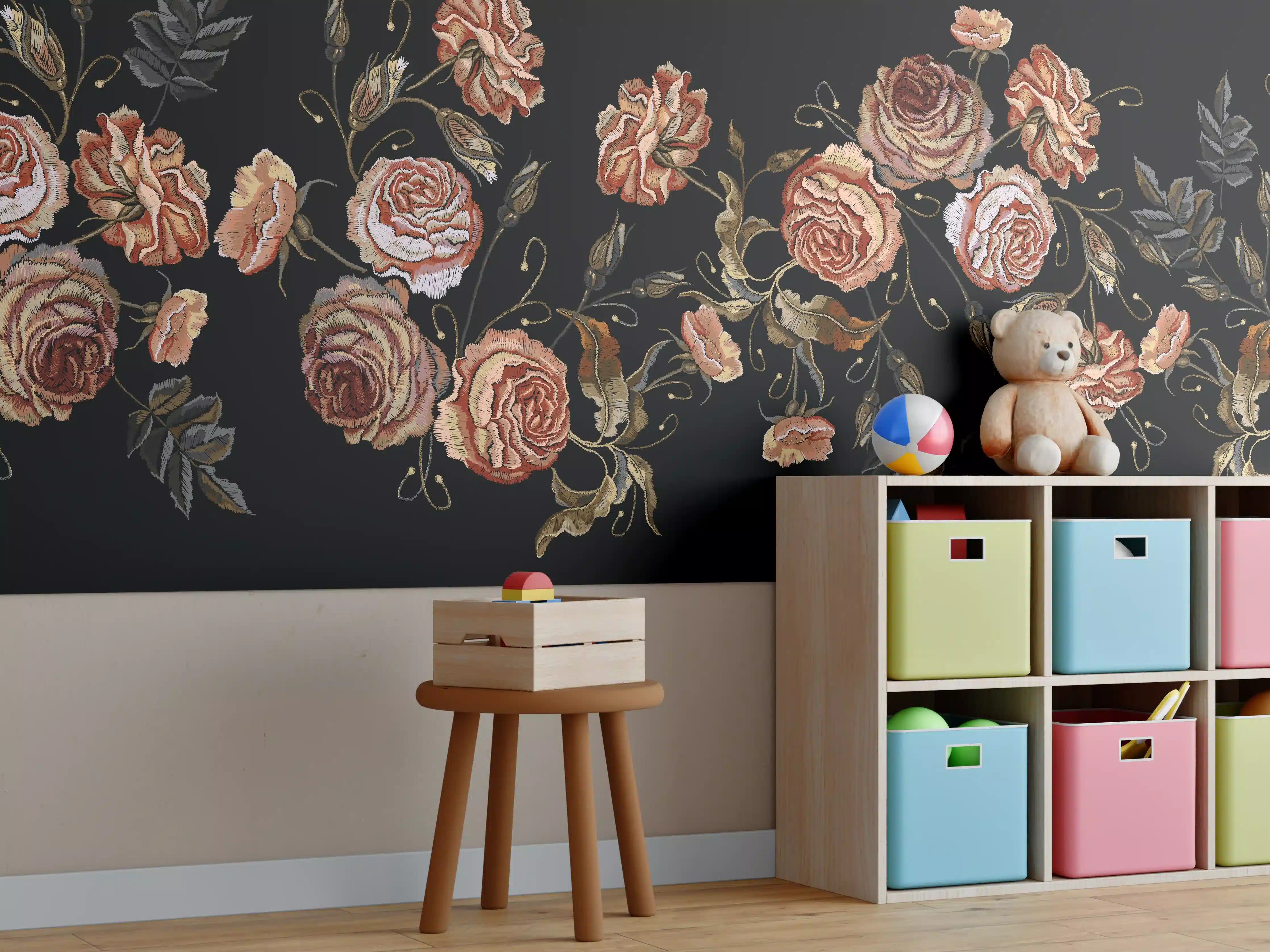 Kinderzimmer Wandgestaltung - Rosenstickerei Renaissance Schwarz