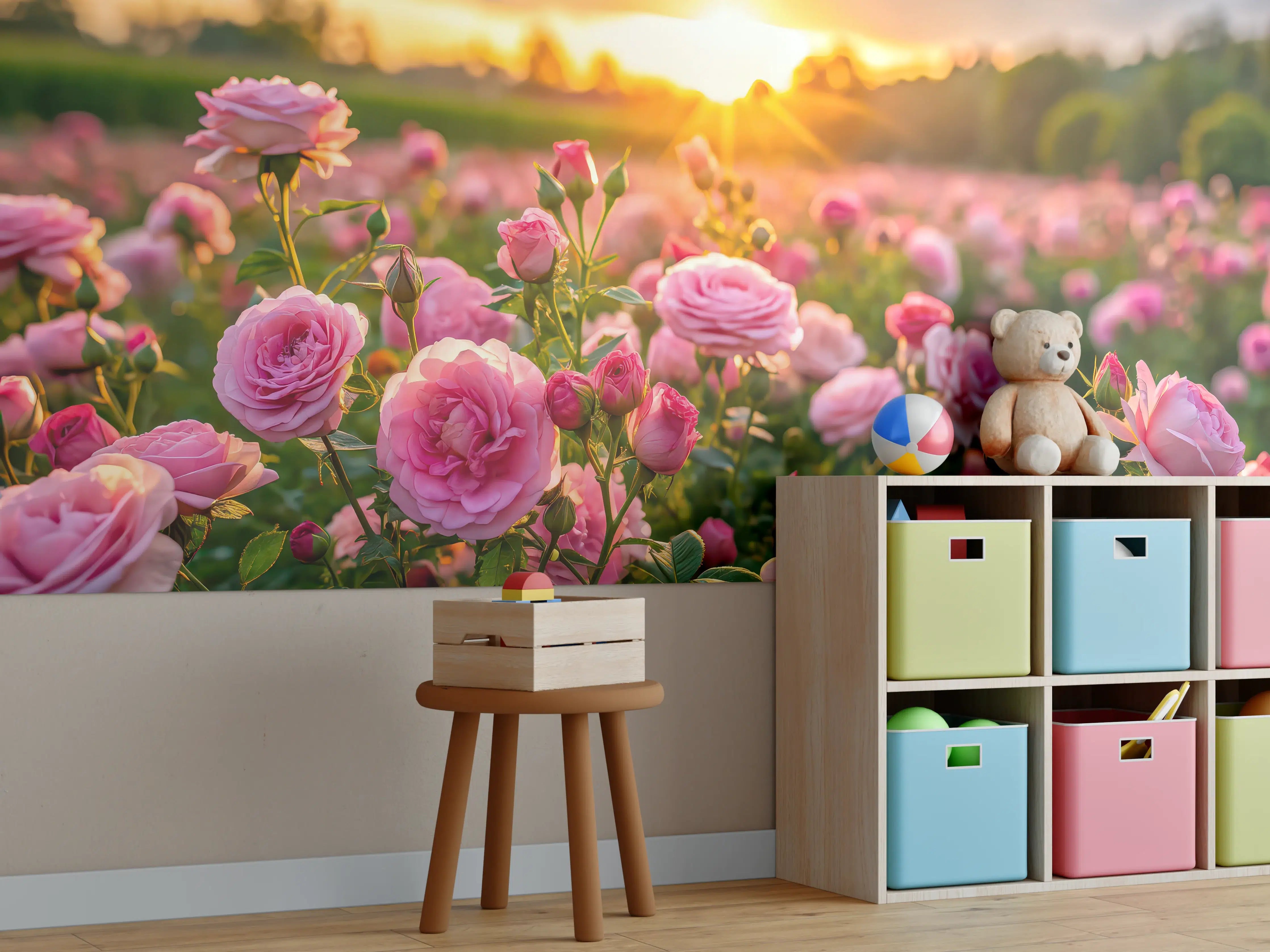 Kinderzimmer Wandgestaltung - Rosenwiese bei Sonnenuntergang