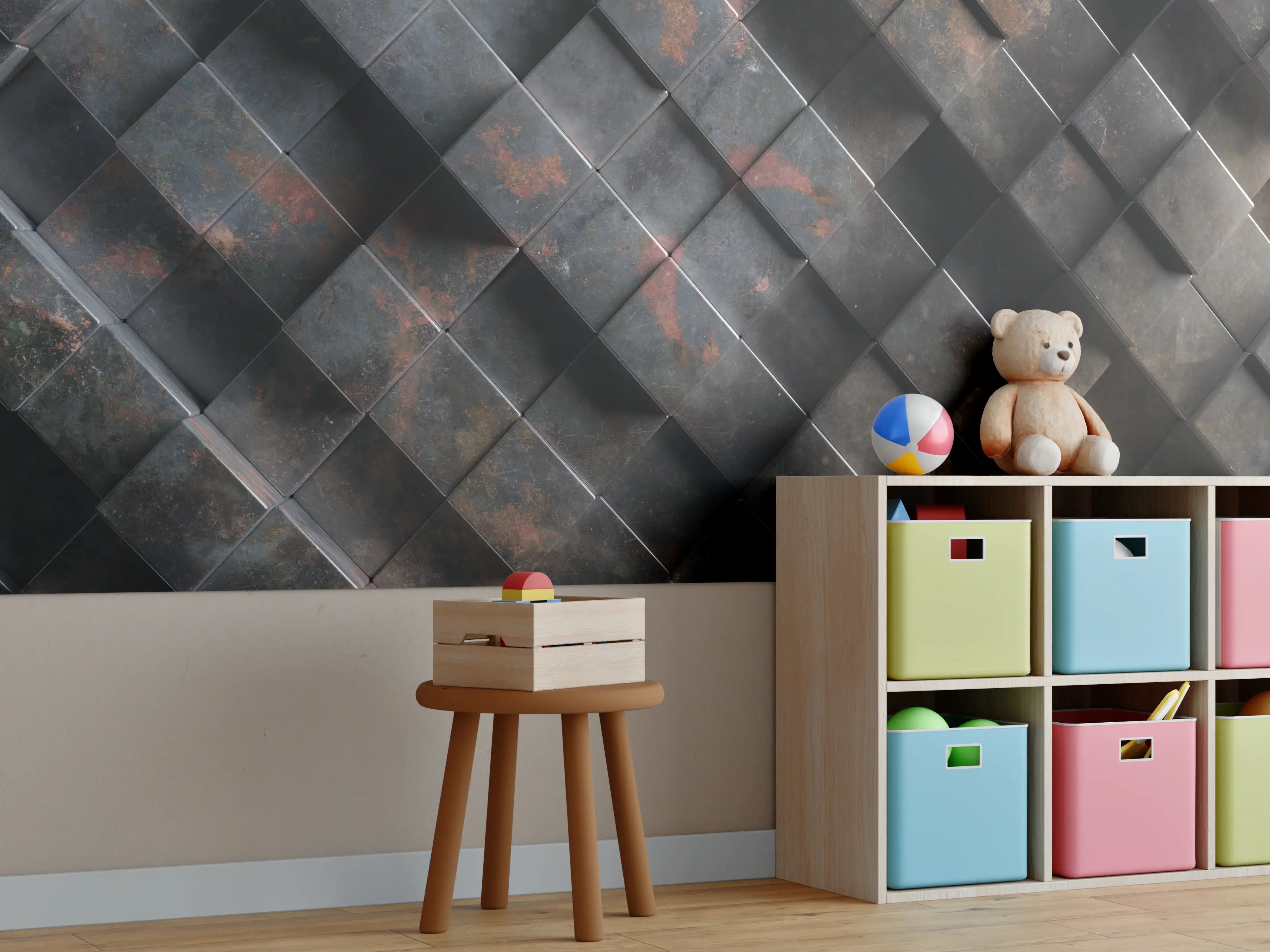 Kinderzimmer Wandgestaltung - Rostige Metalloptik Würfelmuster