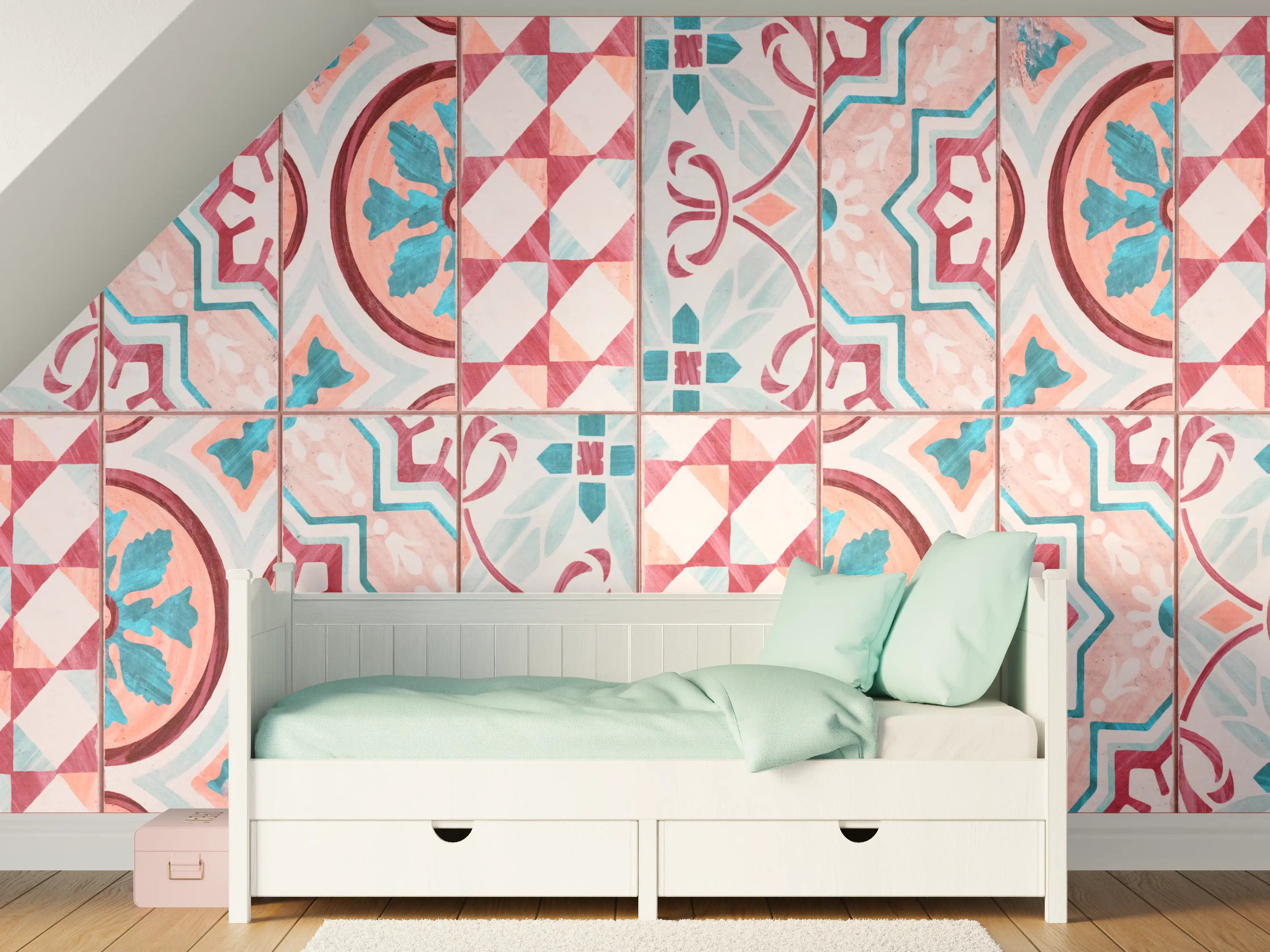 Kinderzimmer Wandgestaltung - Rot-türkises rechteckiges Mosaik