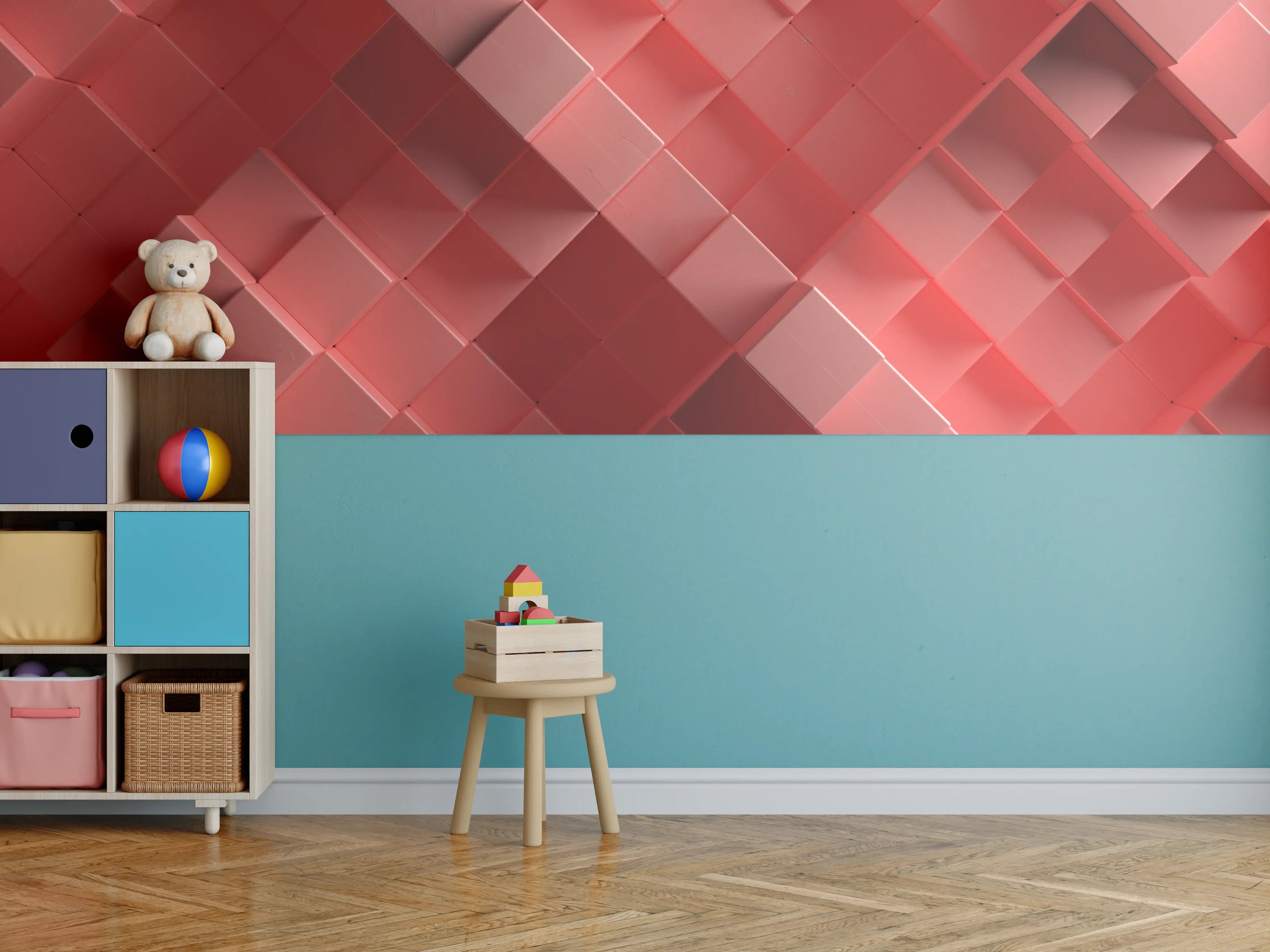 Kinderzimmer Wandgestaltung - Rote 3D Würfel Struktur