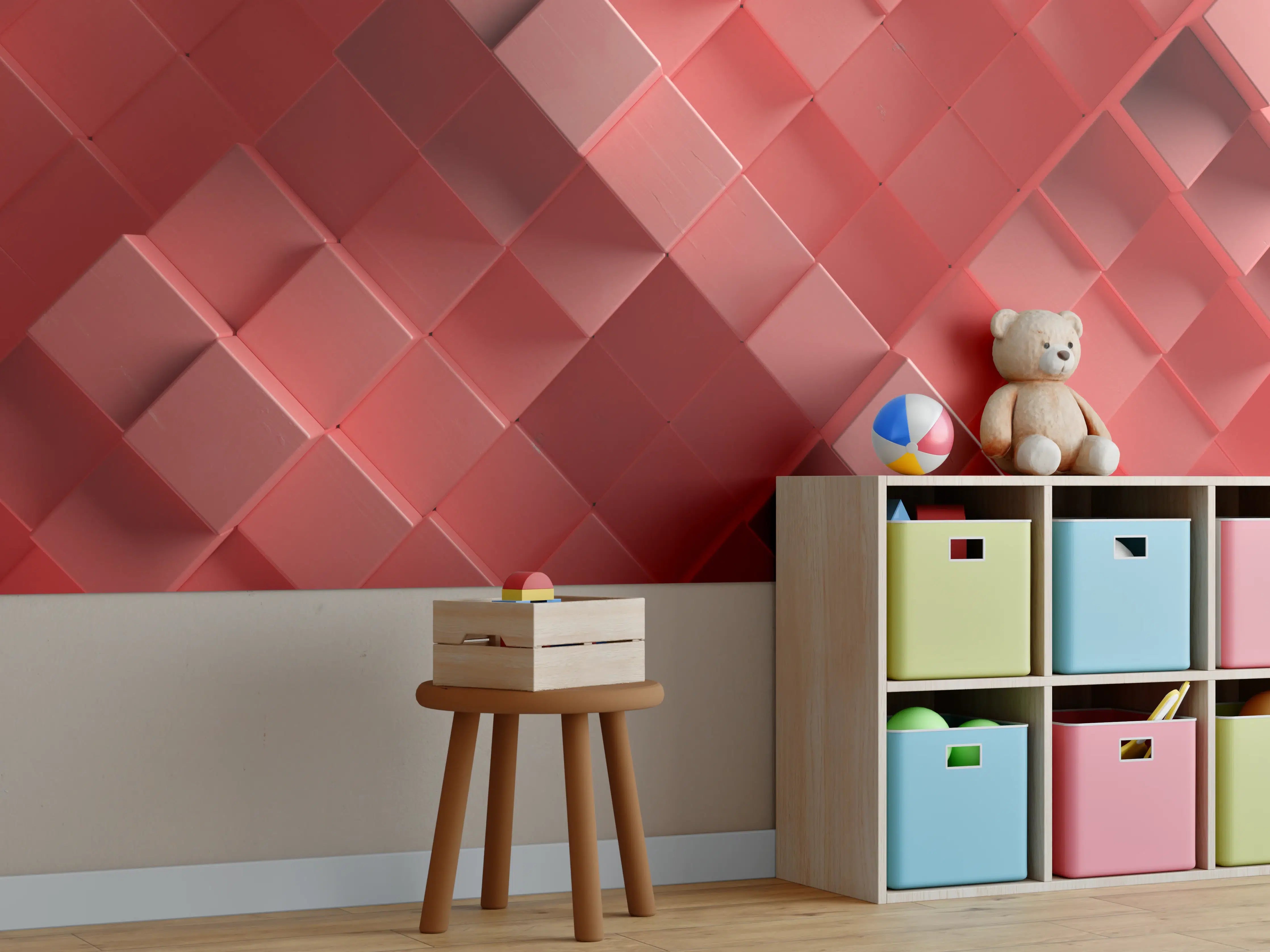 Kinderzimmer Wandgestaltung - Rote 3D Würfel Struktur