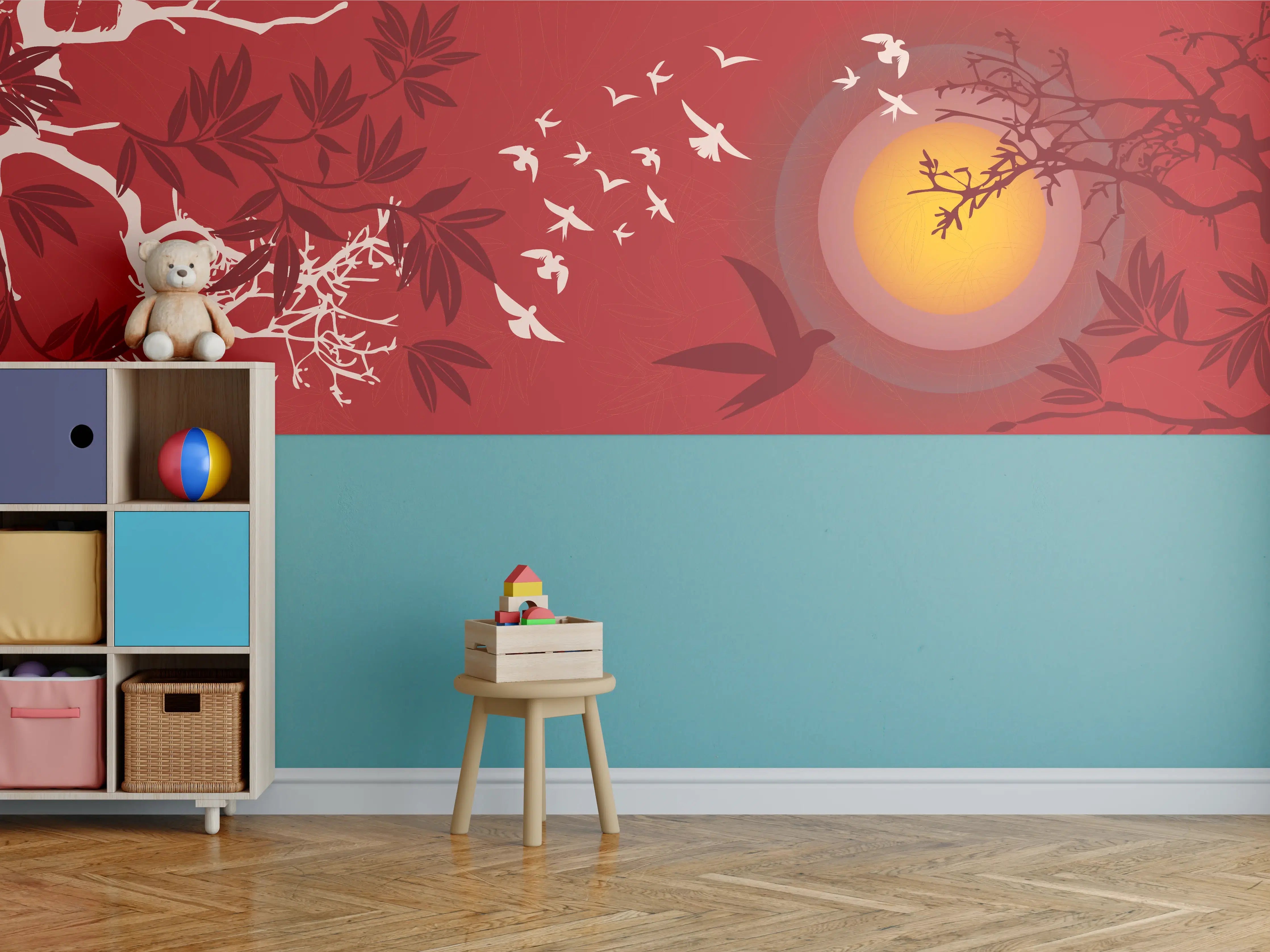 Kinderzimmer Wandgestaltung - Rote Abendstimmung Vögel Silhouetten