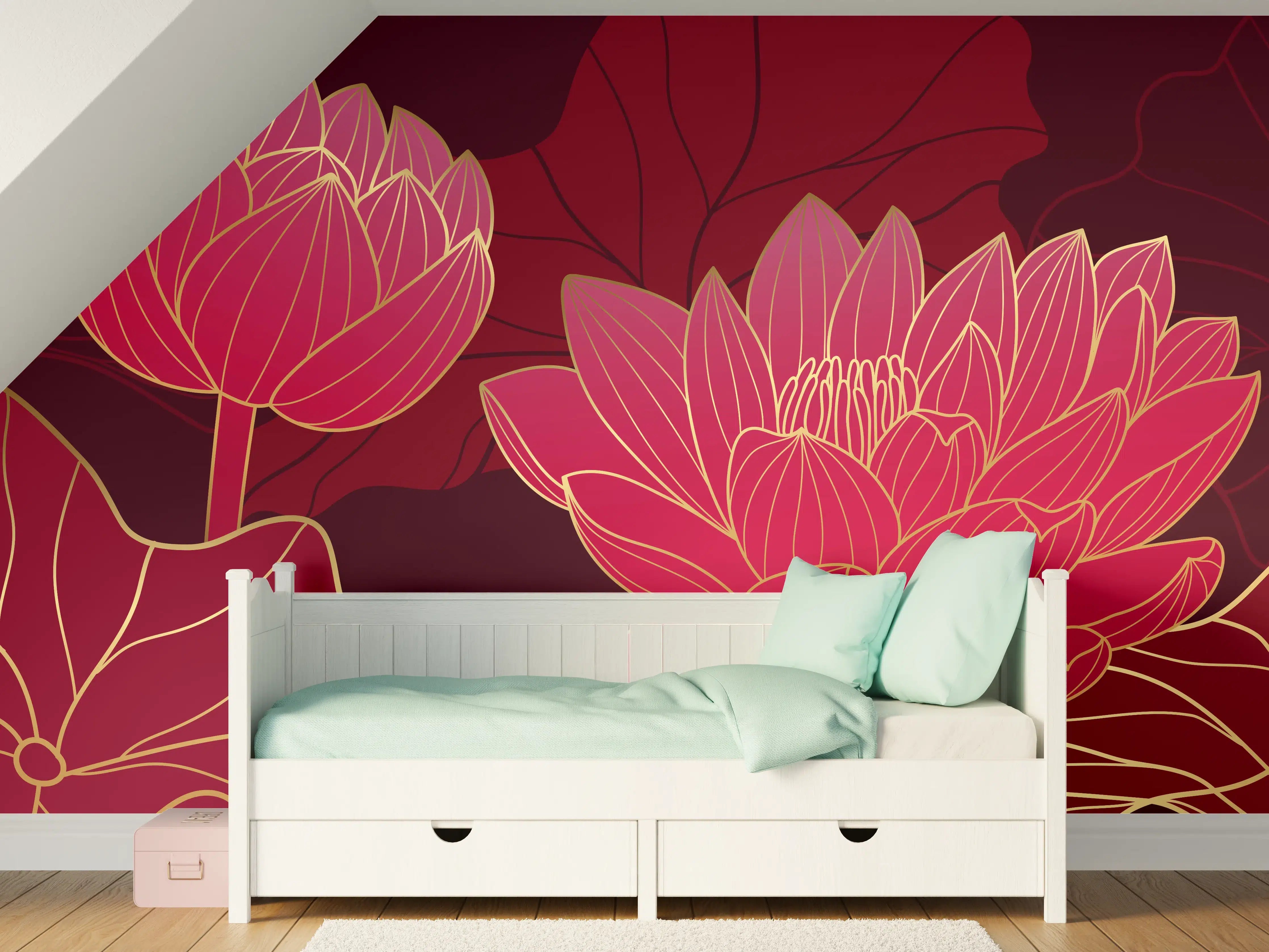 Kinderzimmer Wandgestaltung - Rote Lotusblüten Lineart Design