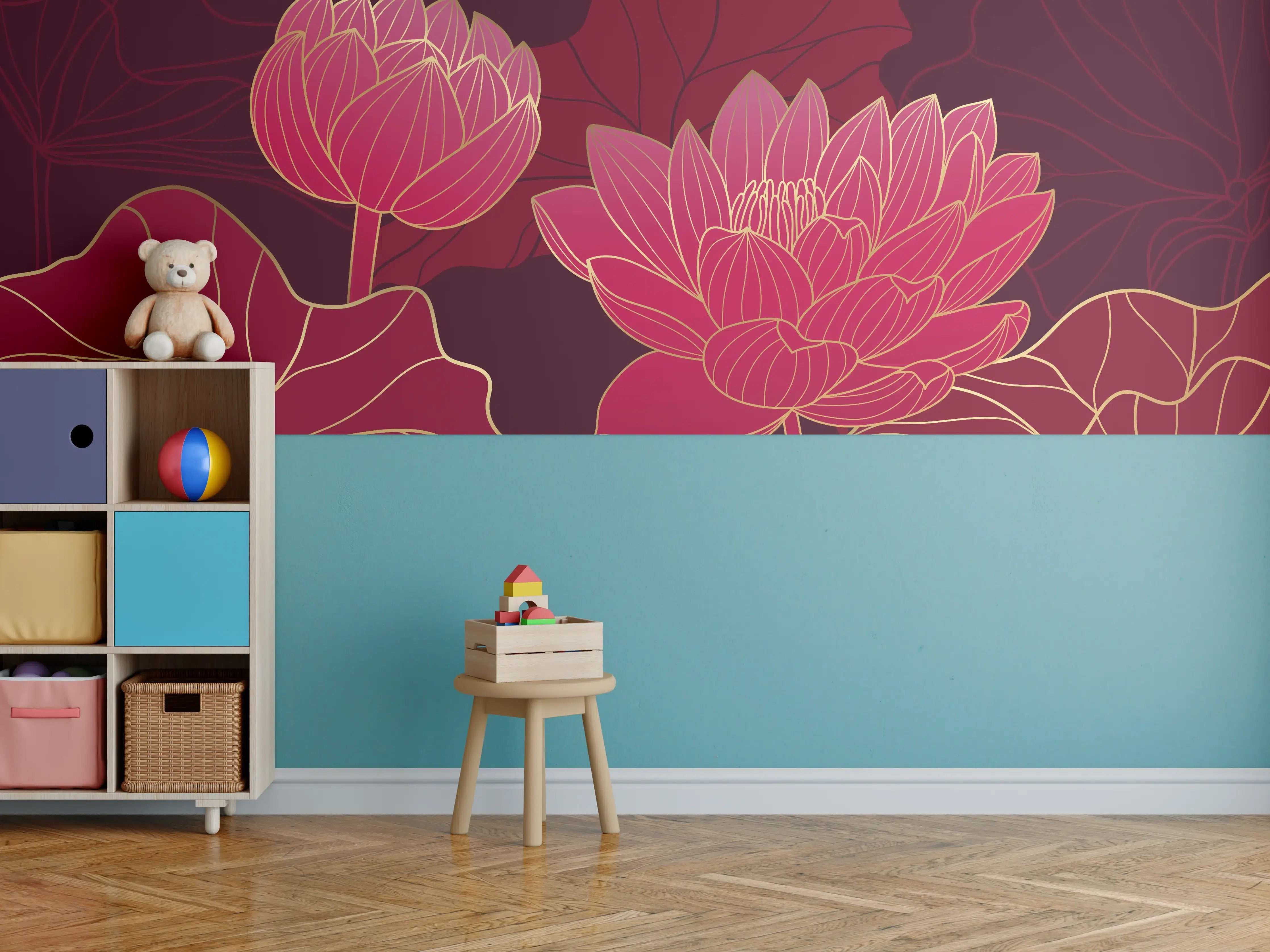 Kinderzimmer Wandgestaltung - Rote Lotusblüten Lineart Design
