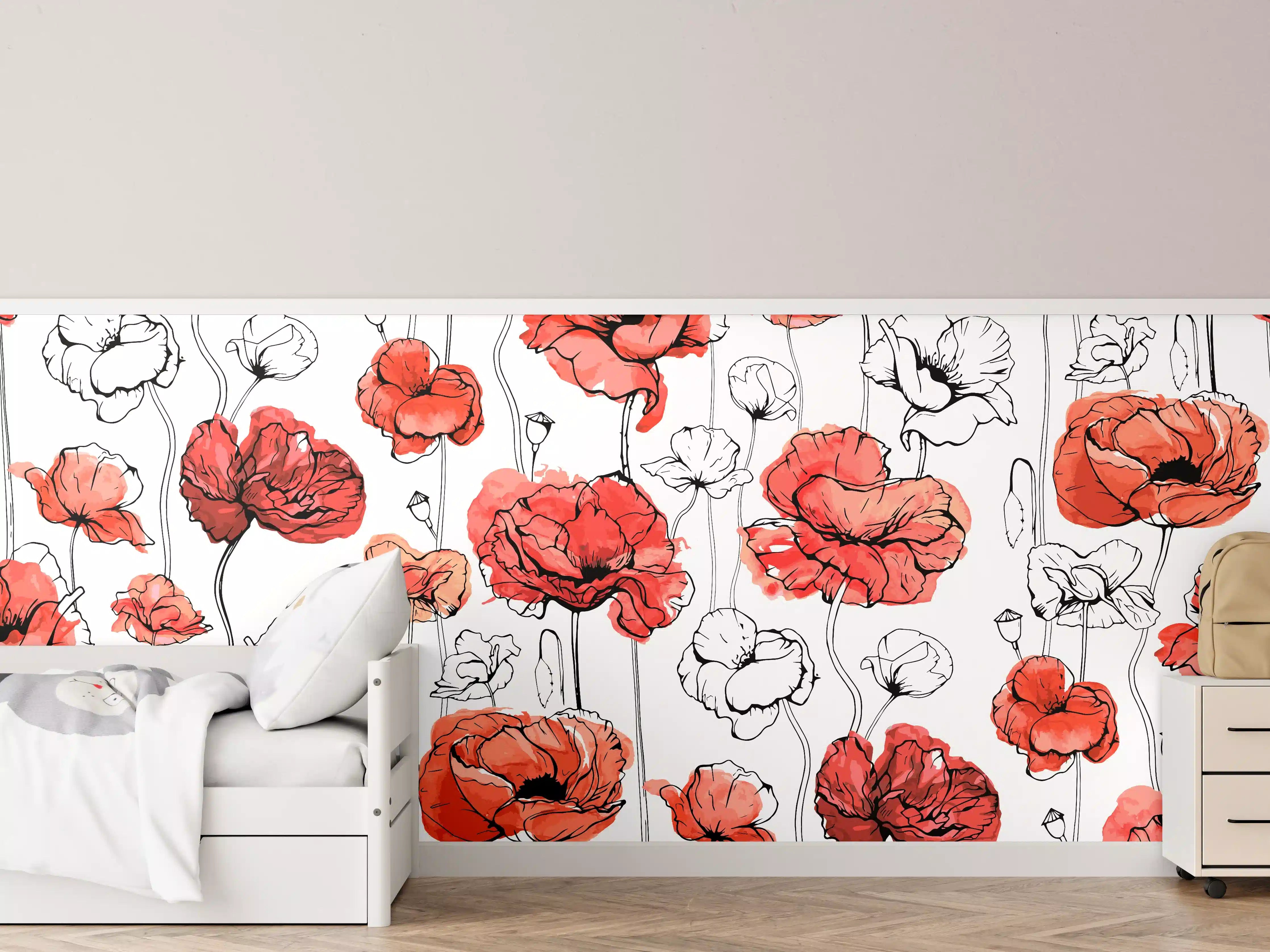 Kinderzimmer Wandgestaltung - Rote Mohnblumen Lineart Muster