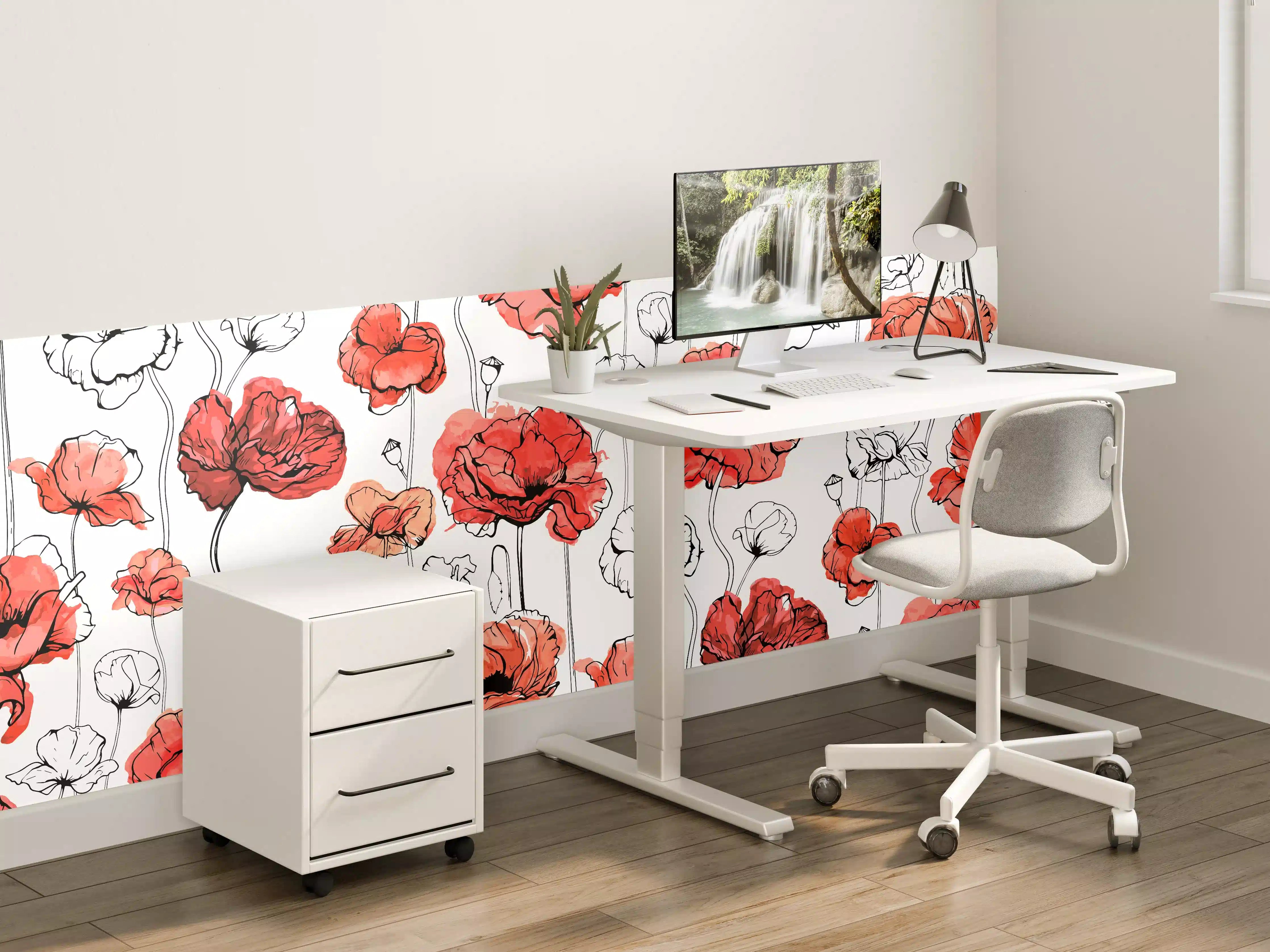Kinderzimmer Wandgestaltung - Rote Mohnblumen Lineart Muster