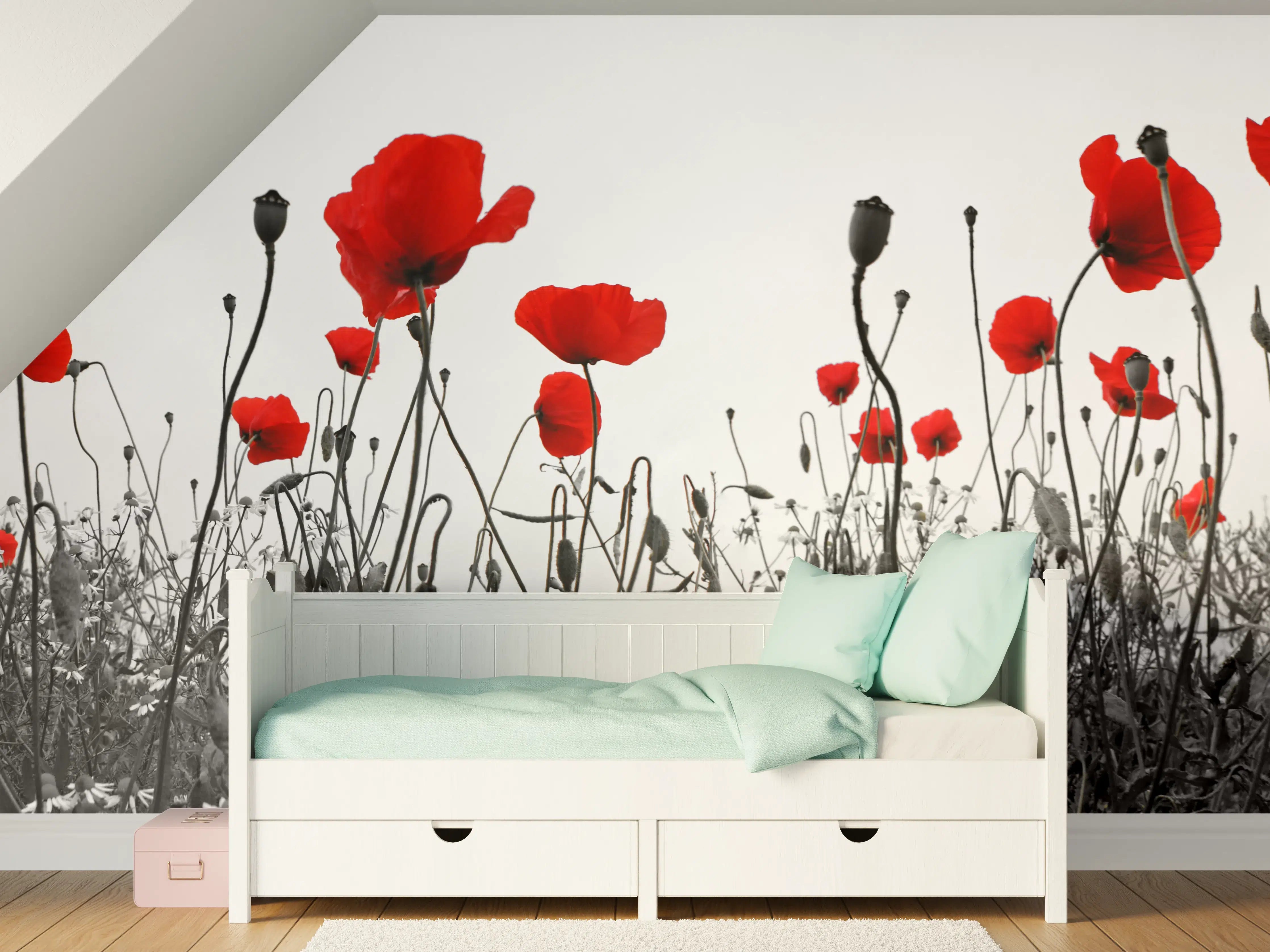 Kinderzimmer Wandgestaltung - Rote Mohnblumen im monochromen Hintergrund