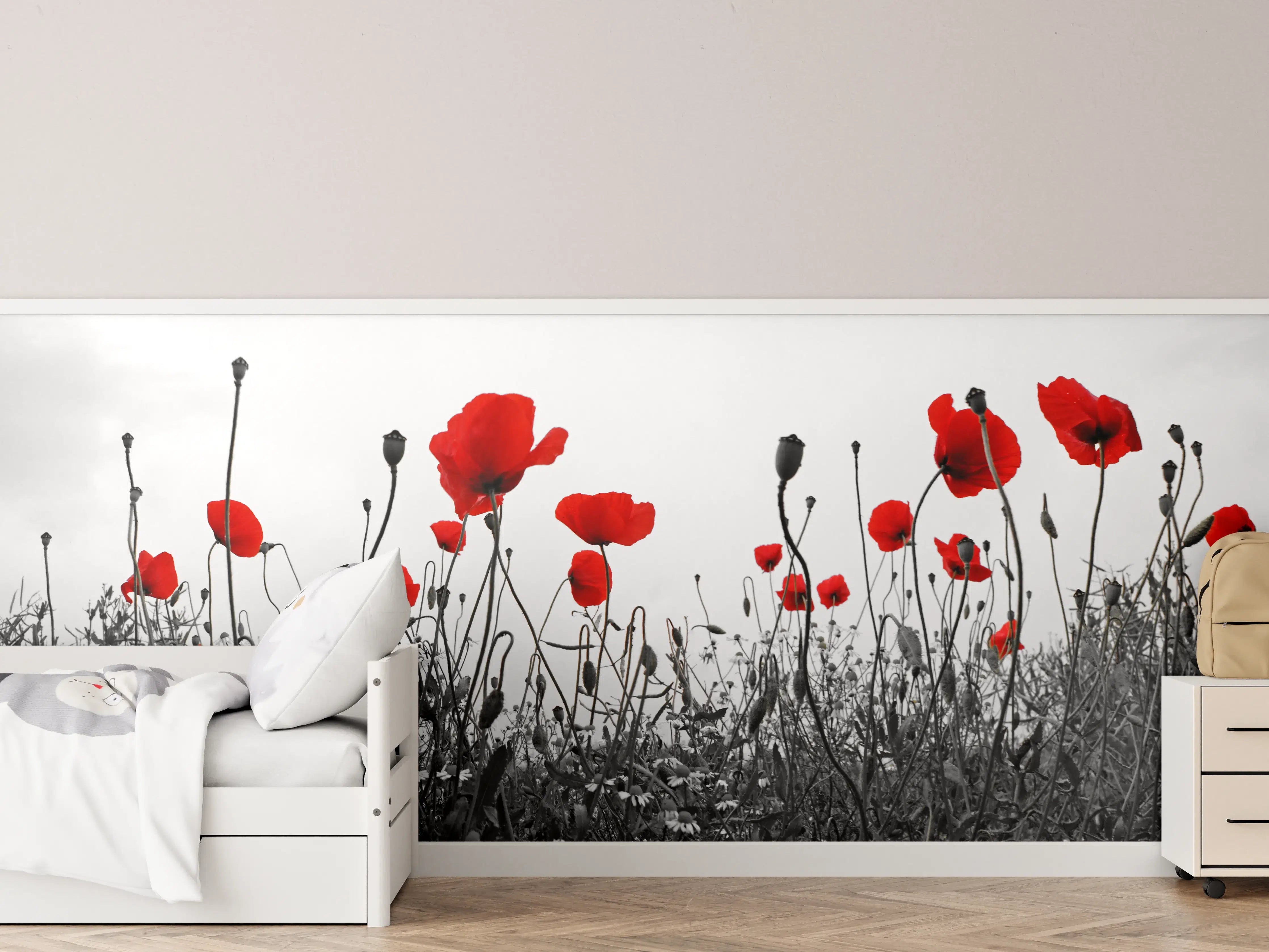 Kinderzimmer Wandgestaltung - Rote Mohnblumen im monochromen Hintergrund