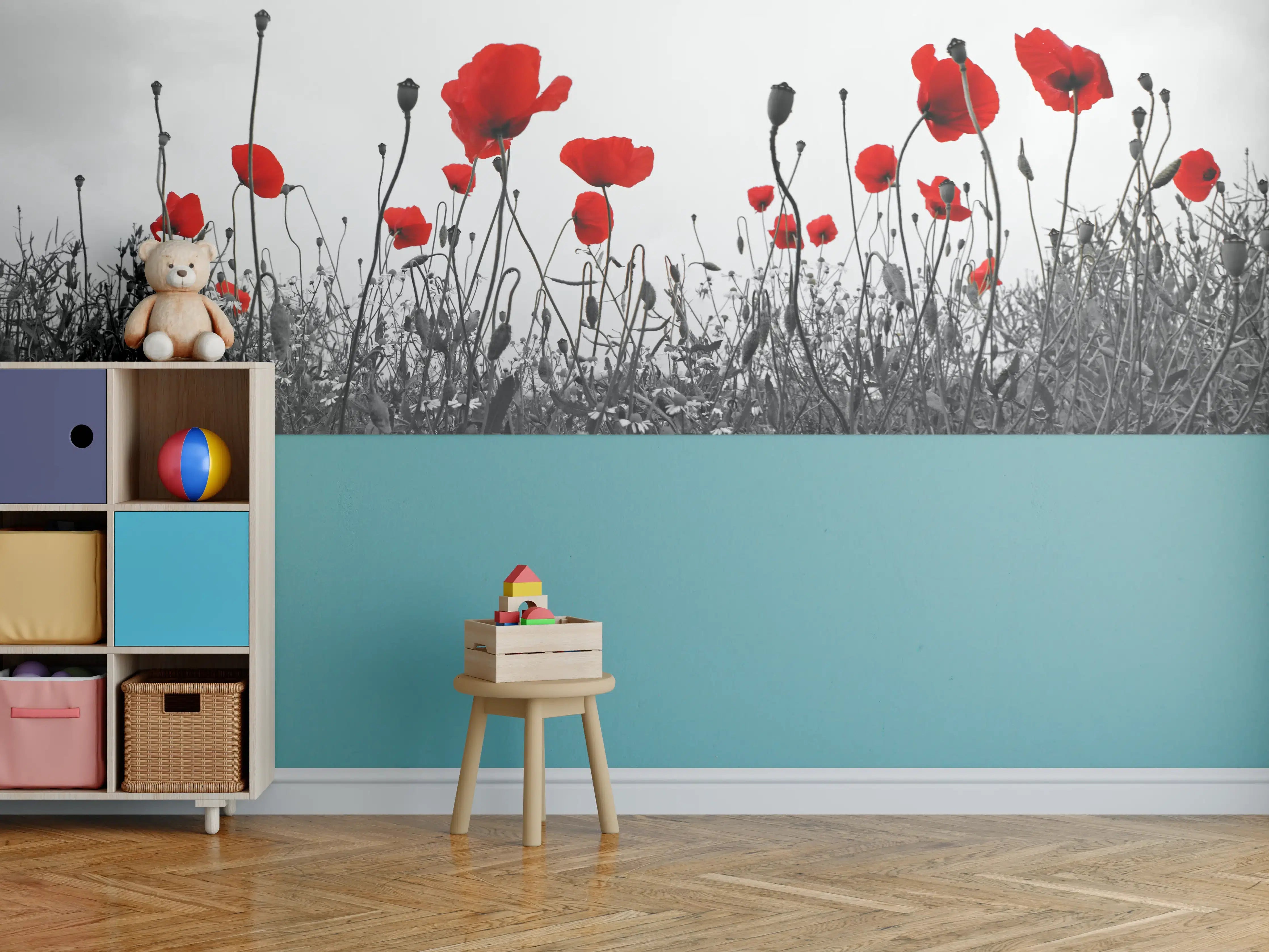 Kinderzimmer Wandgestaltung - Rote Mohnblumen im monochromen Hintergrund