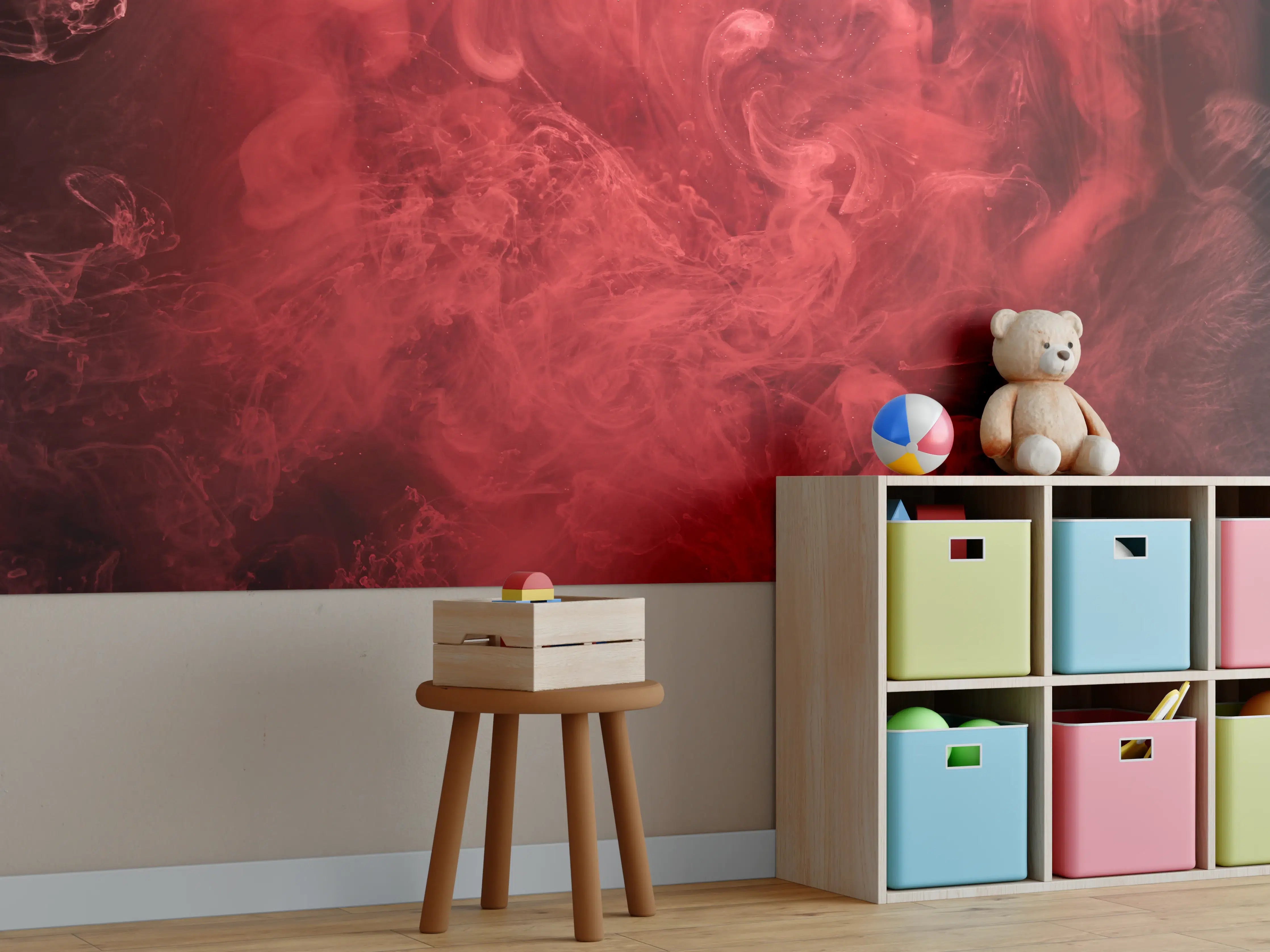 Kinderzimmer Wandgestaltung - Rote Rauchwolke mit dunklem Hintergrund