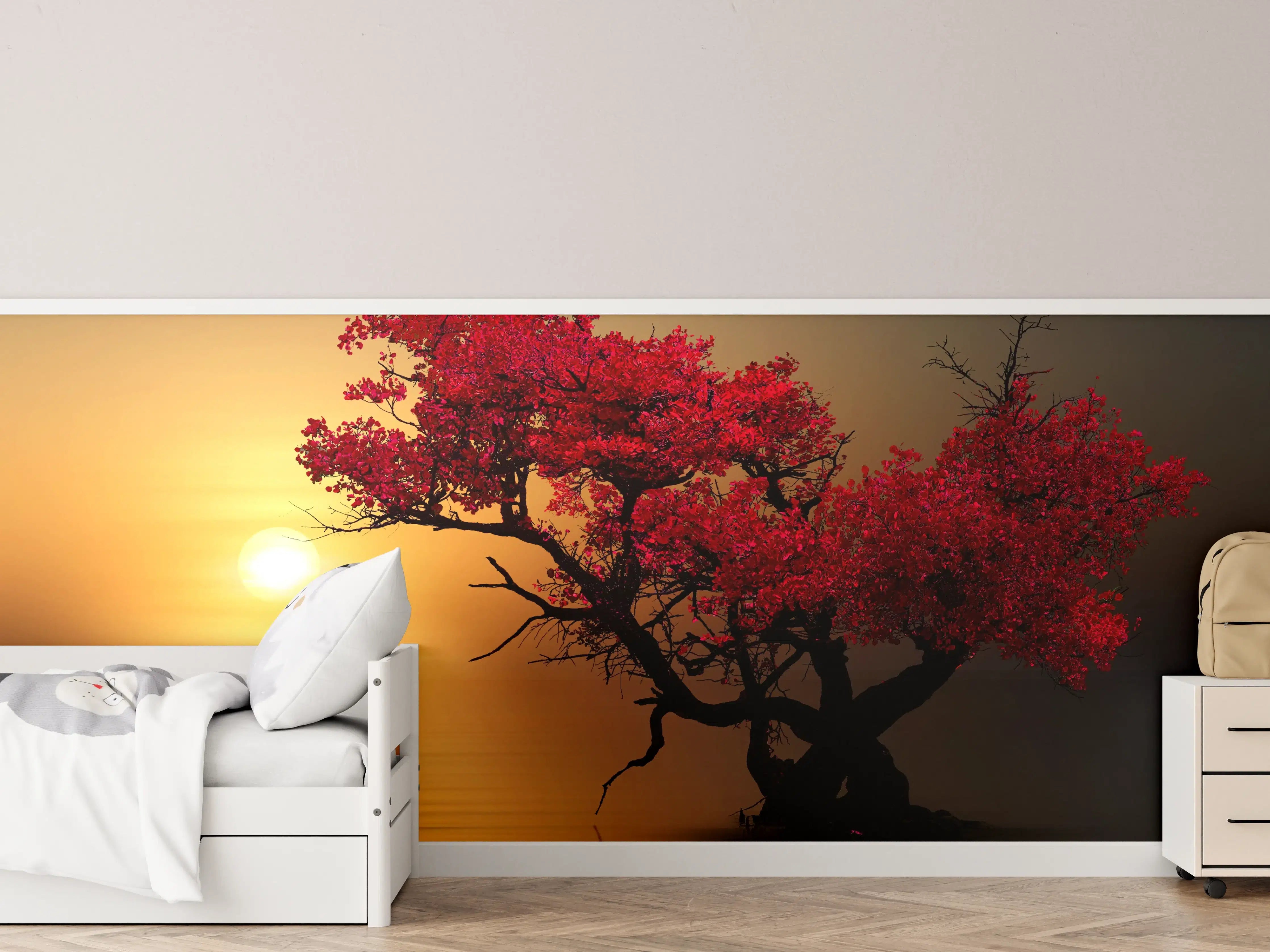 Kinderzimmer Wandgestaltung - Roter Baum bei Sonnenuntergang