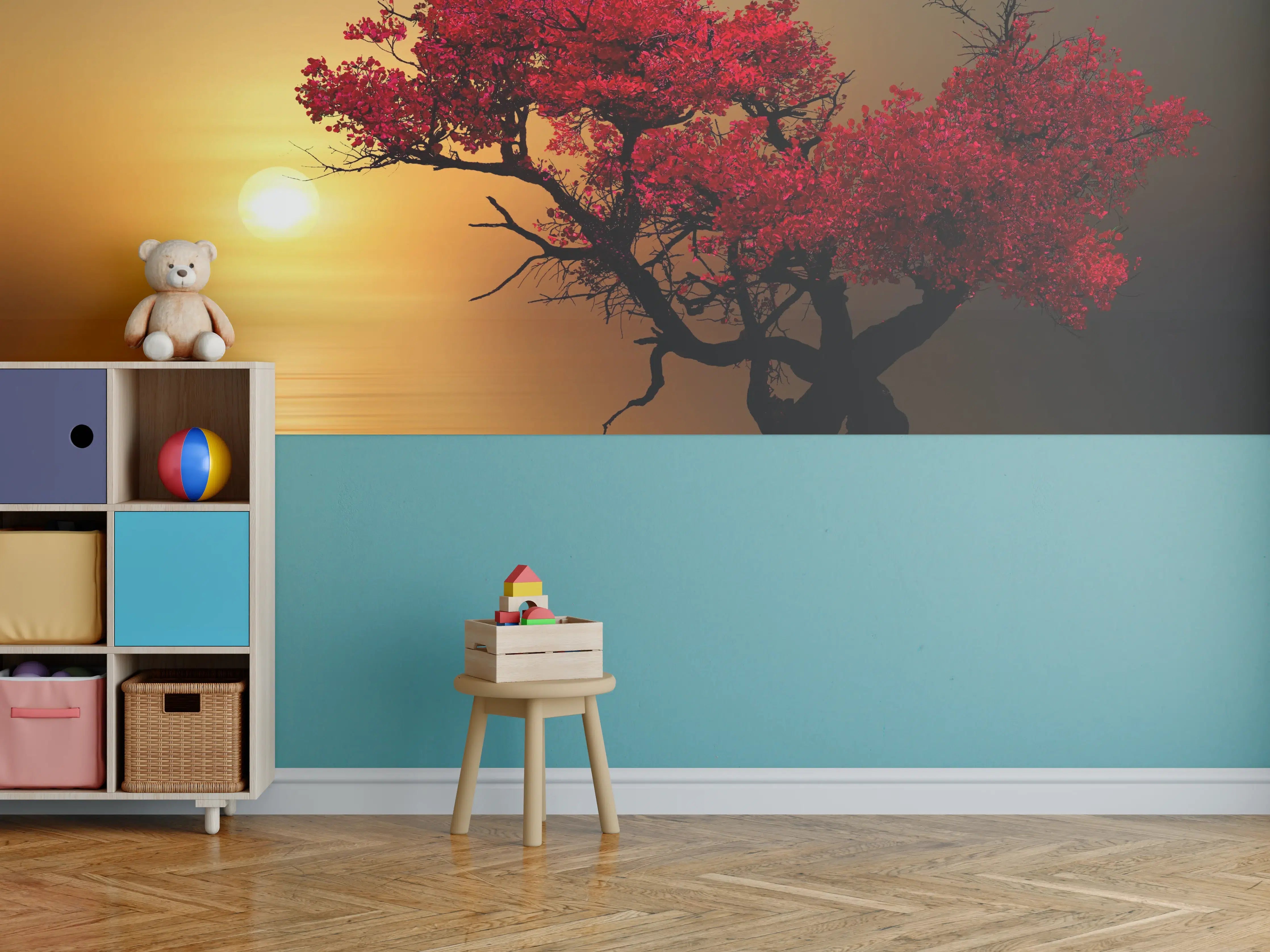 Kinderzimmer Wandgestaltung - Roter Baum bei Sonnenuntergang