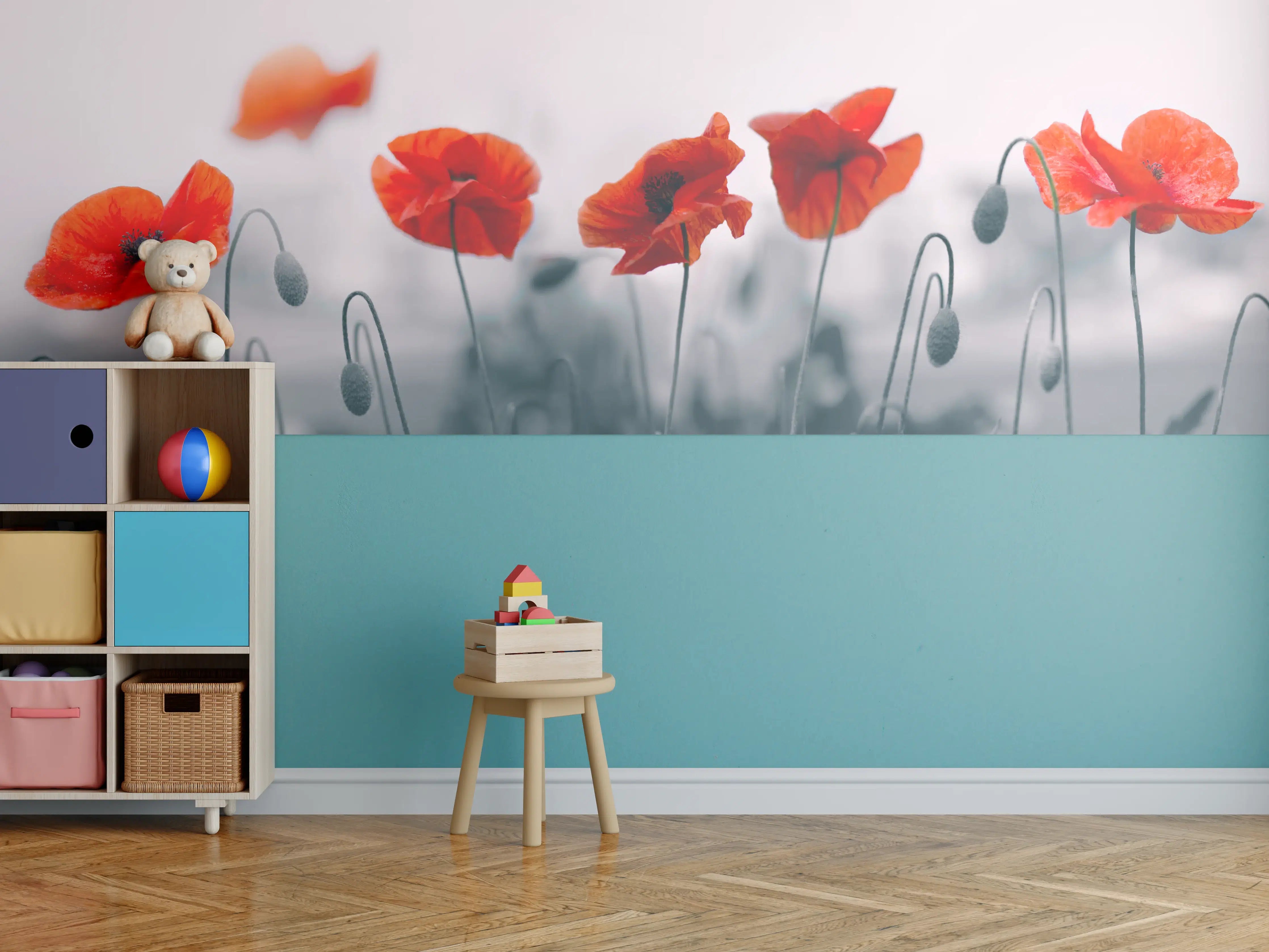 Kinderzimmer Wandgestaltung - Roter Mohn auf hellem Hintergrund