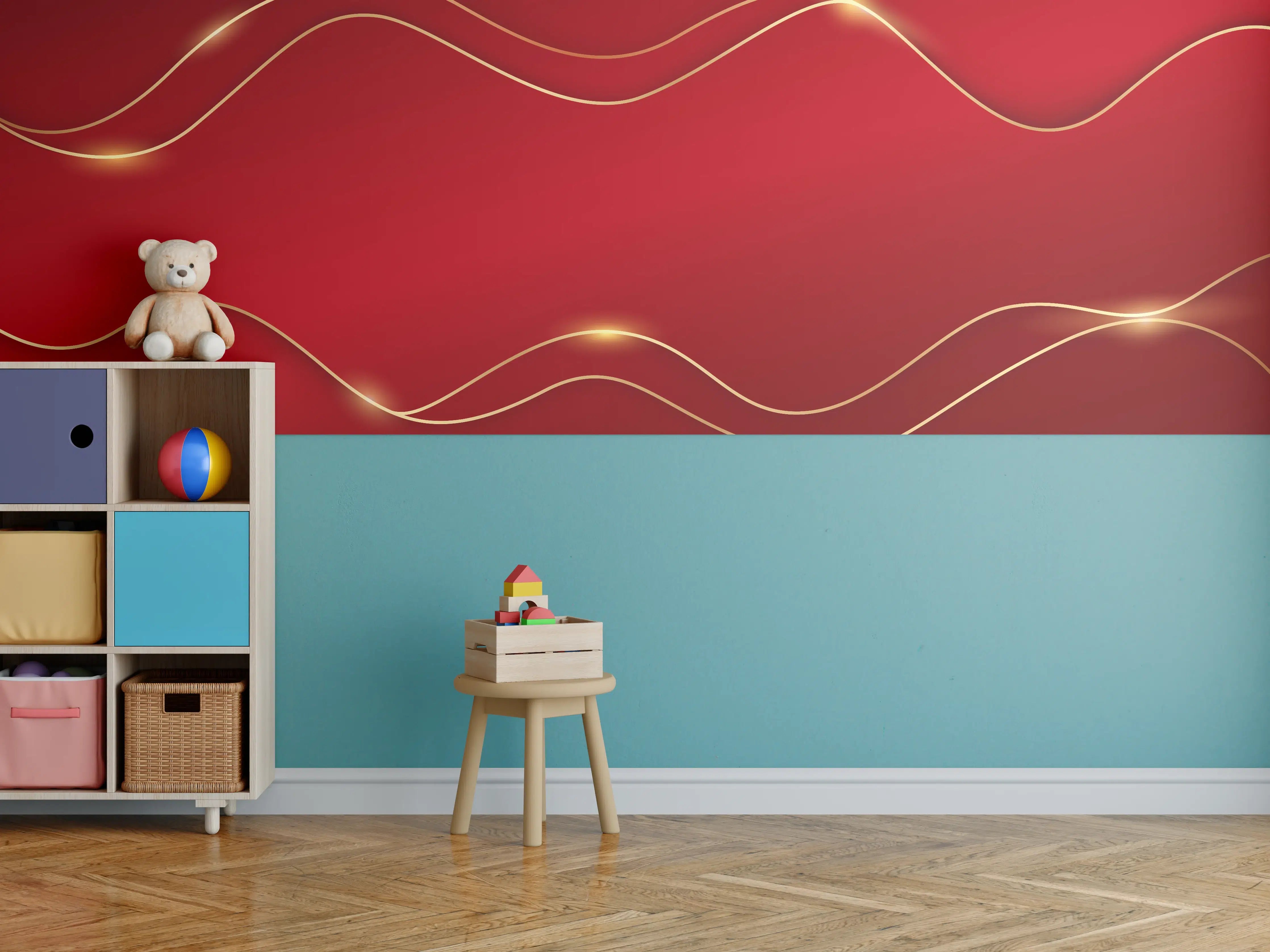 Kinderzimmer Wandgestaltung - Rotes Luxus-Design mit Goldakzenten