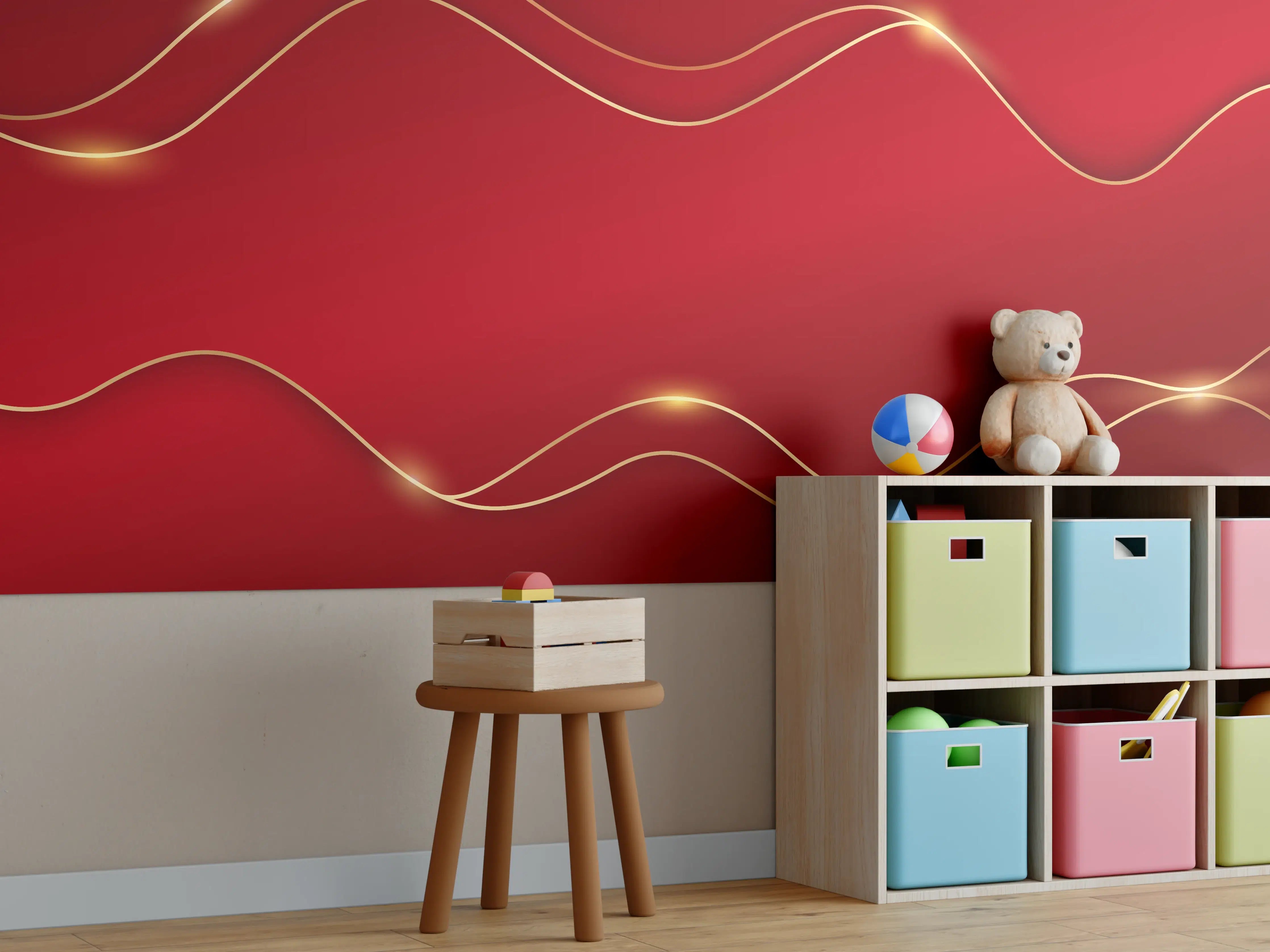 Kinderzimmer Wandgestaltung - Rotes Luxus-Design mit Goldakzenten