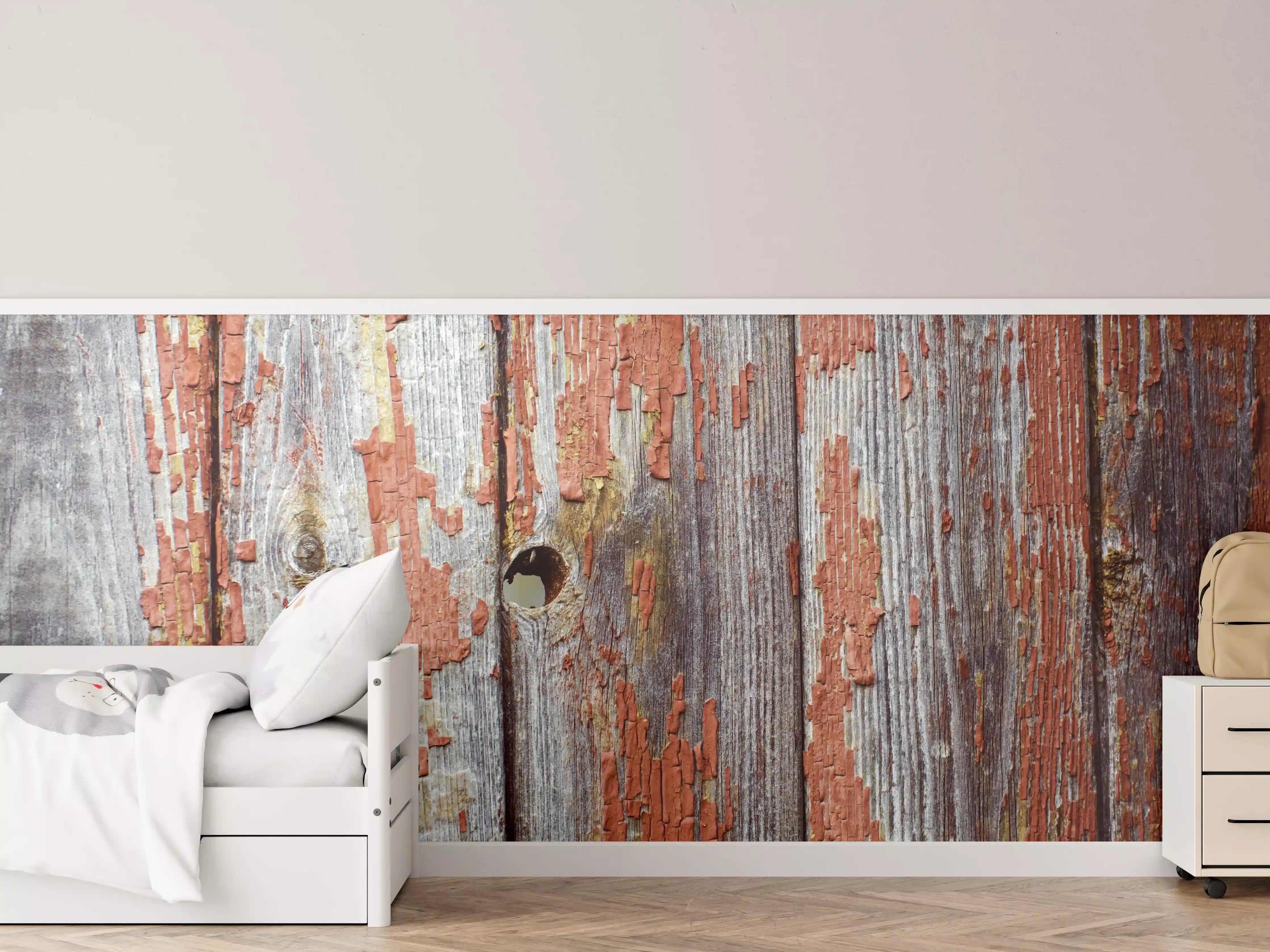 Kinderzimmer Wandgestaltung - Rustikale Holzbretter mit Loch