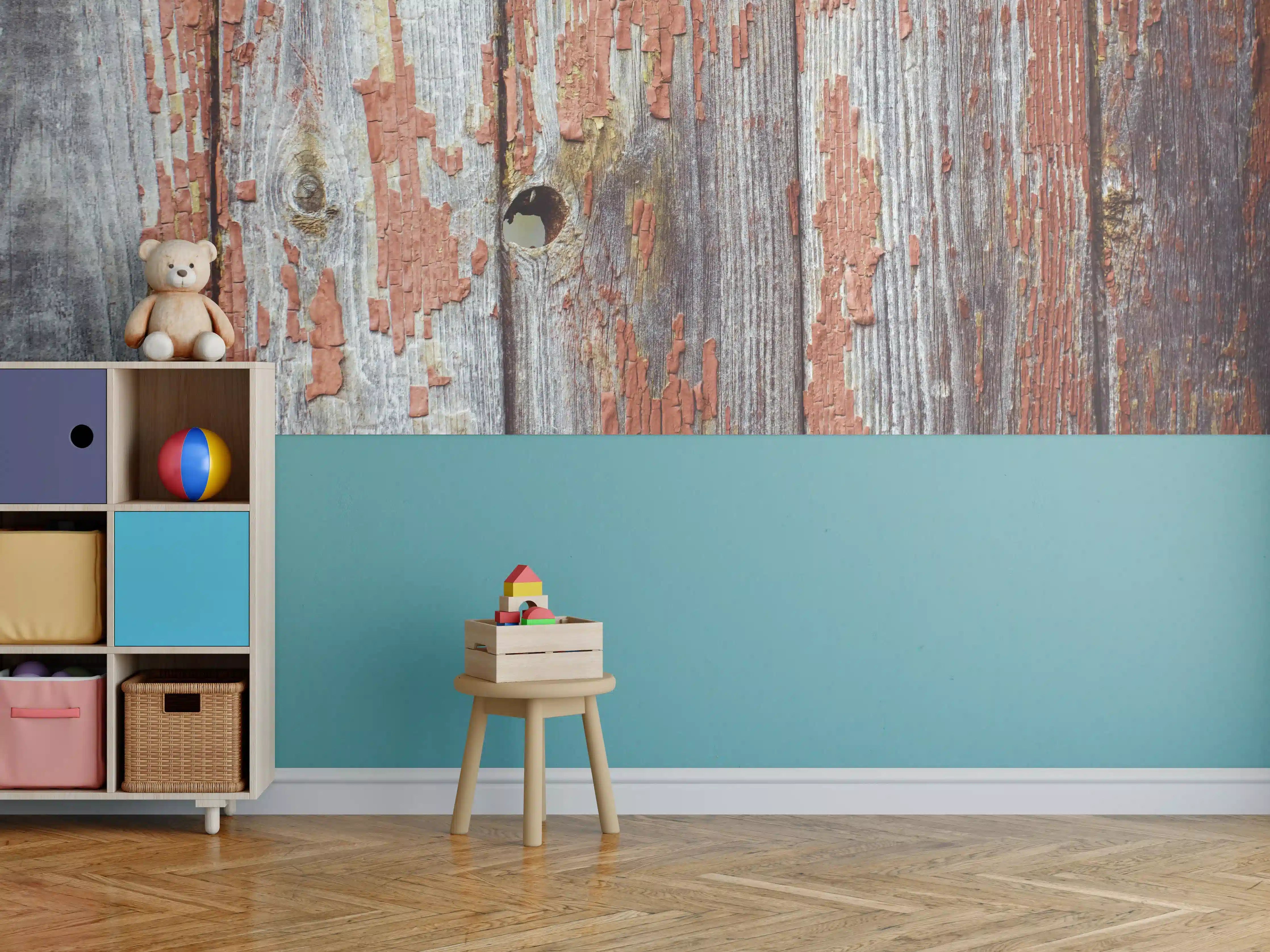 Kinderzimmer Wandgestaltung - Rustikale Holzbretter mit Loch