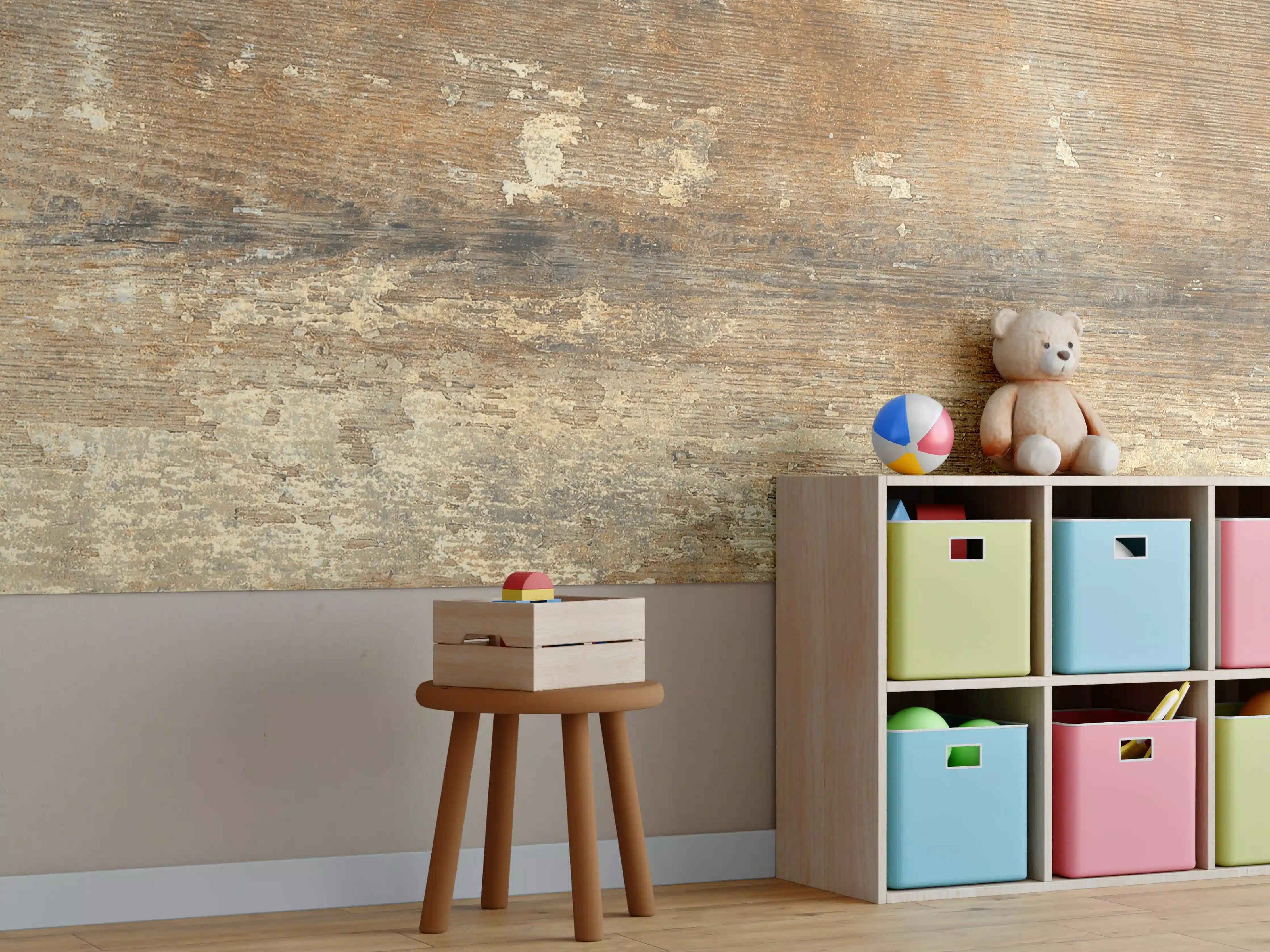 Kinderzimmer Wandgestaltung - Rustikale Holzwand mit warmen Brauntönen