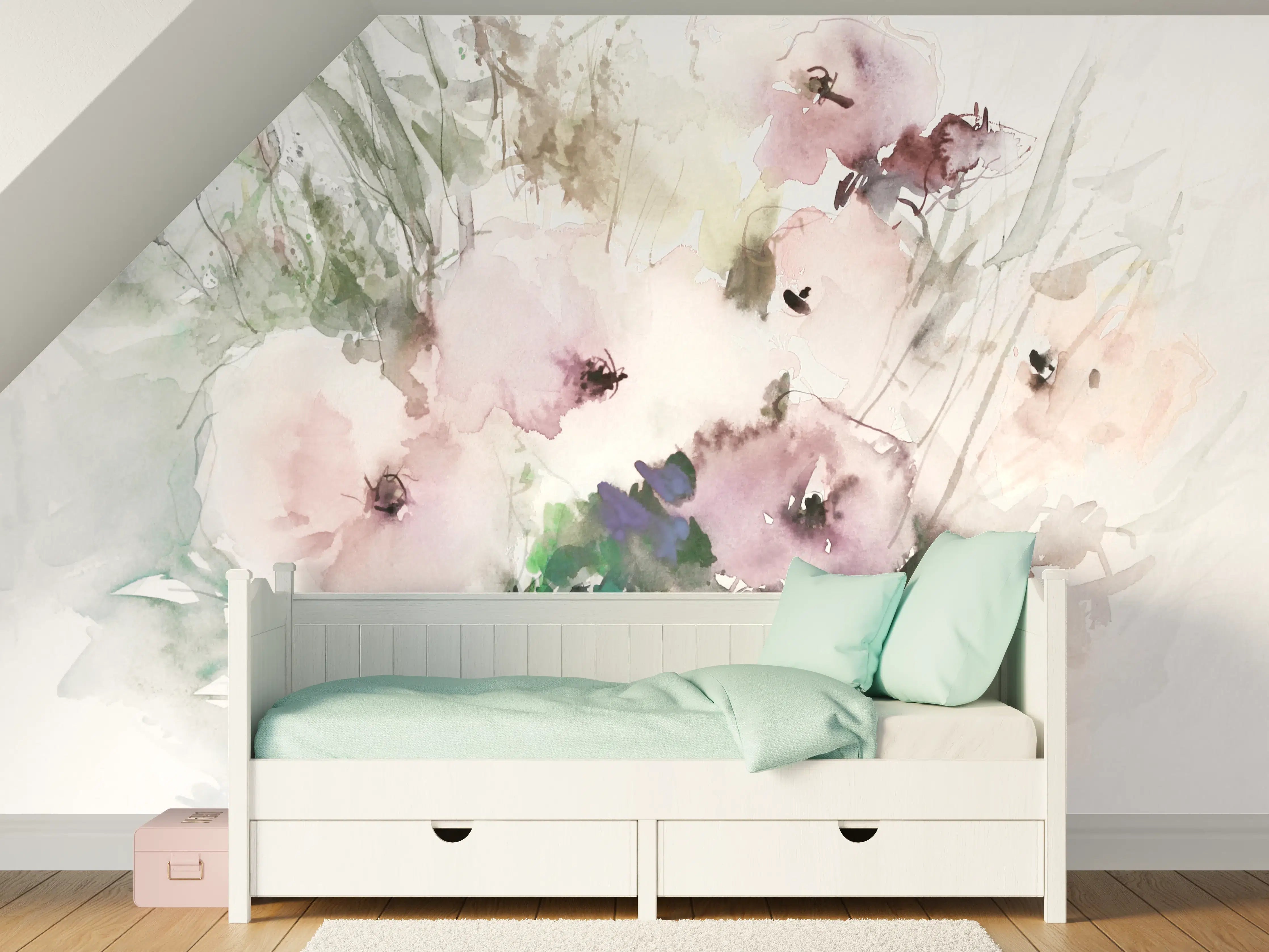 Kinderzimmer Wandgestaltung - Sanfte Aquarell-Blumen in Pastellfarben