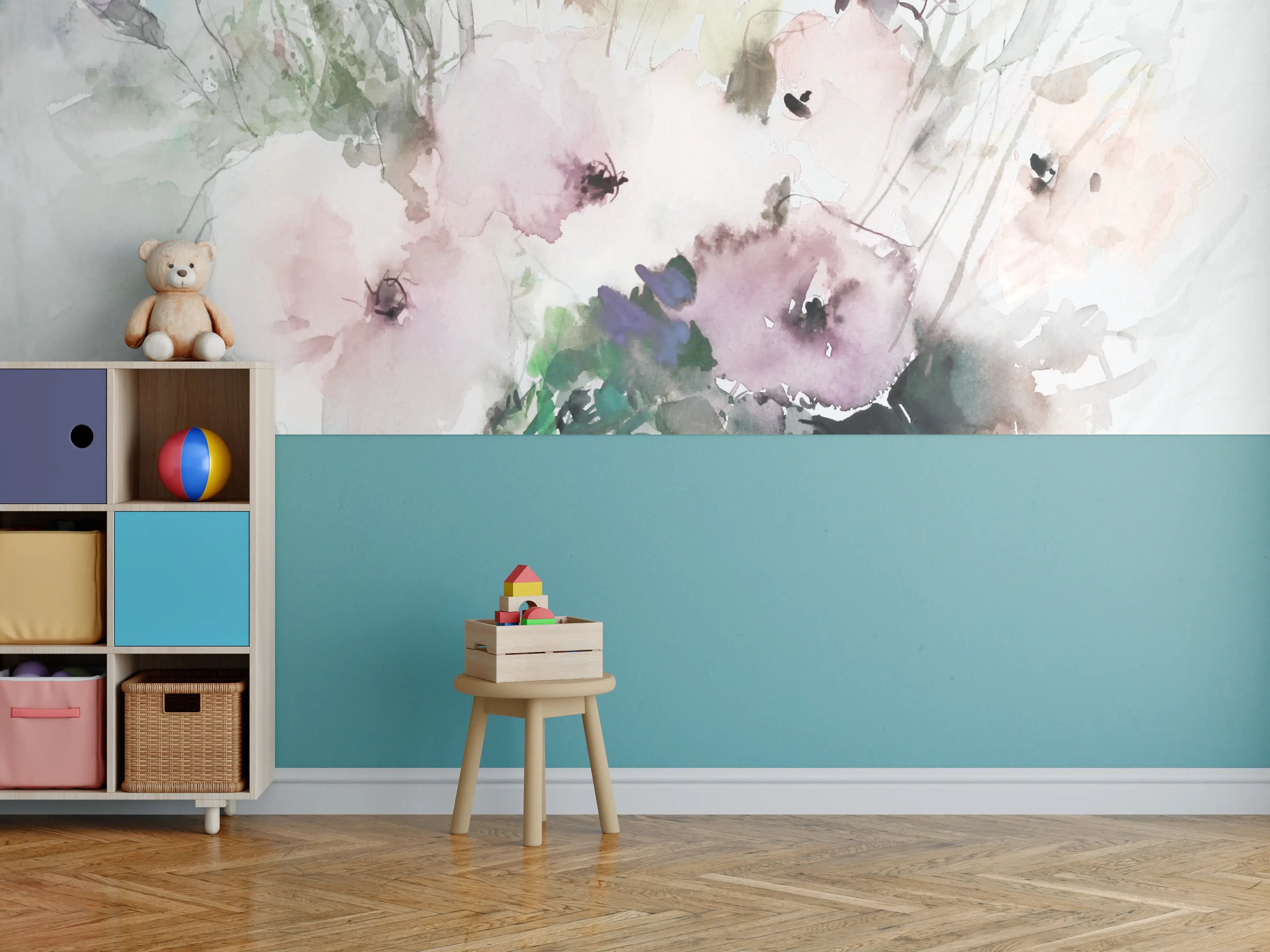 Kinderzimmer Wandgestaltung - Sanfte Aquarell-Blumen in Pastellfarben