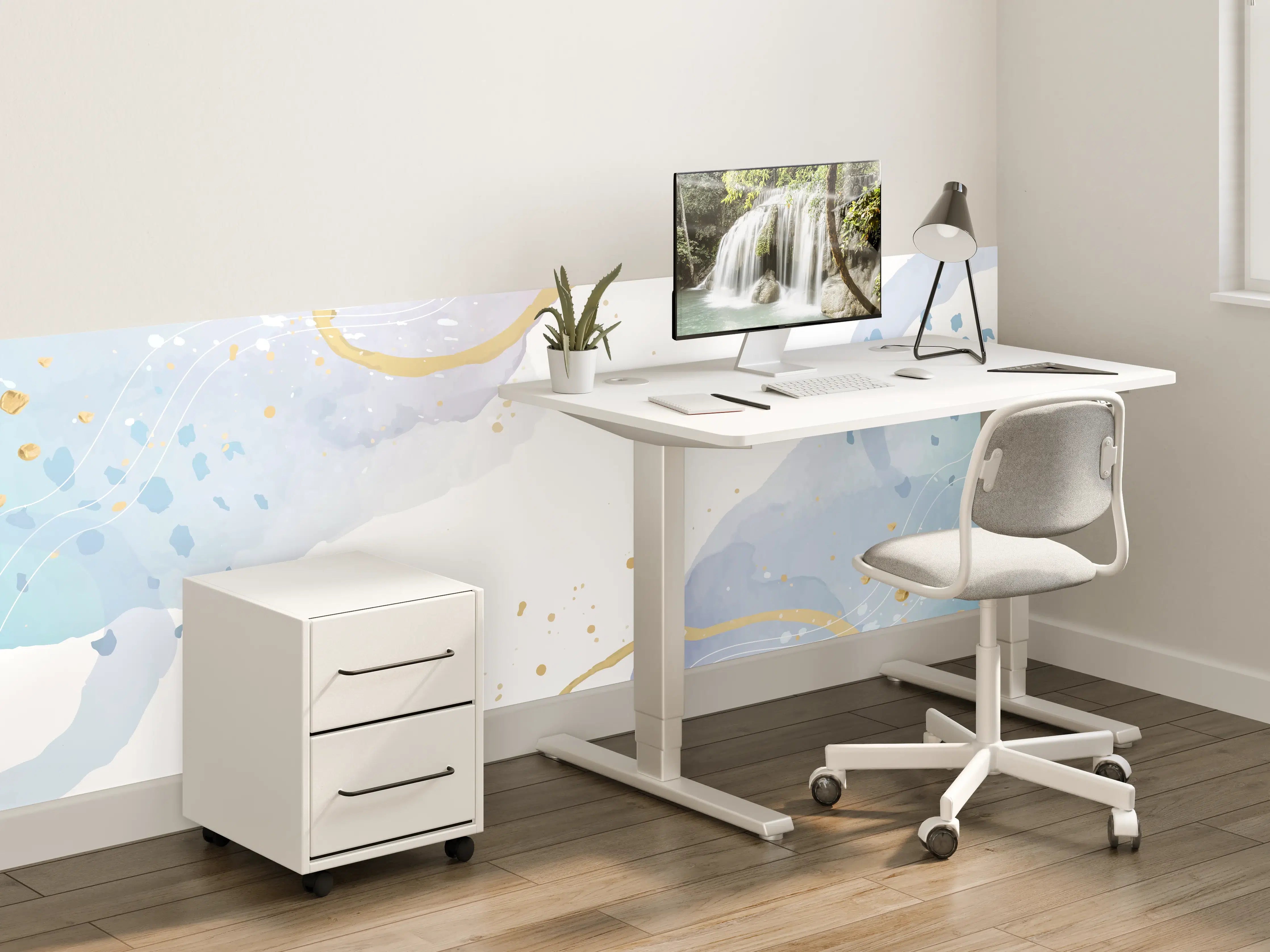 Kinderzimmer Wandgestaltung - Sanfte Aquarellkunst mit blauen und grauen Akzenten