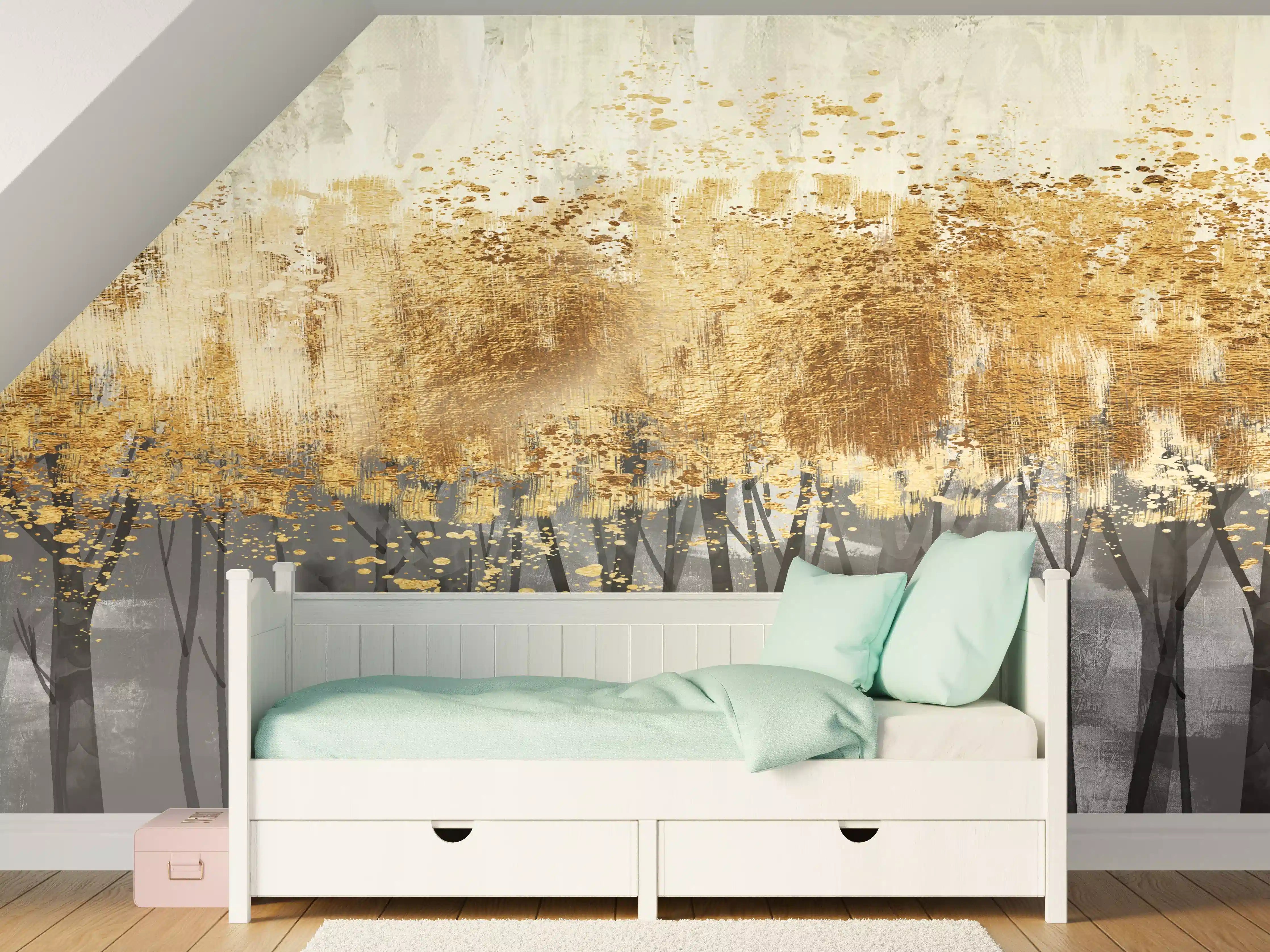 Kinderzimmer Wandgestaltung - Sanfte Baumlandschaft mit Goldakzenten