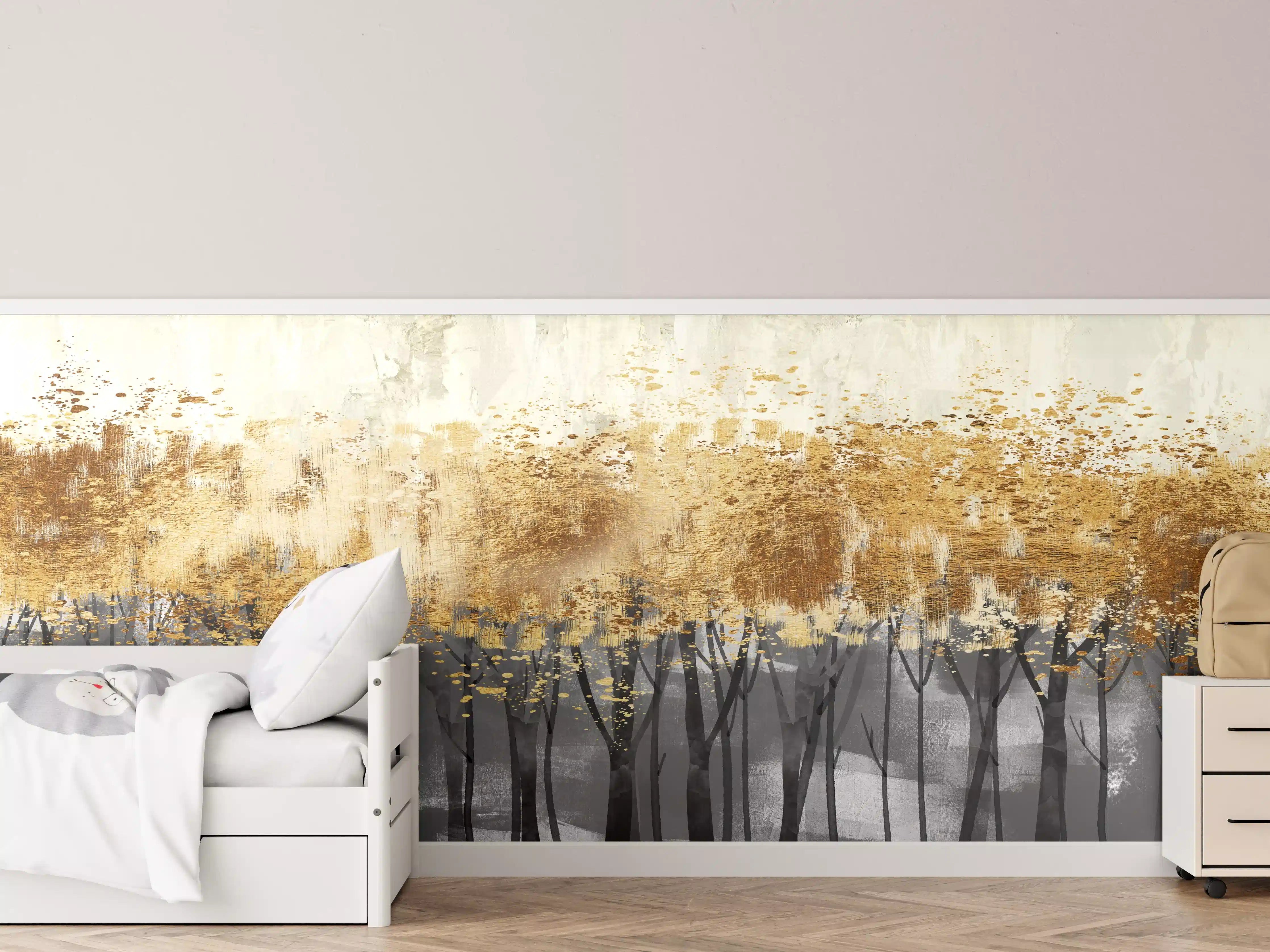 Kinderzimmer Wandgestaltung - Sanfte Baumlandschaft mit Goldakzenten
