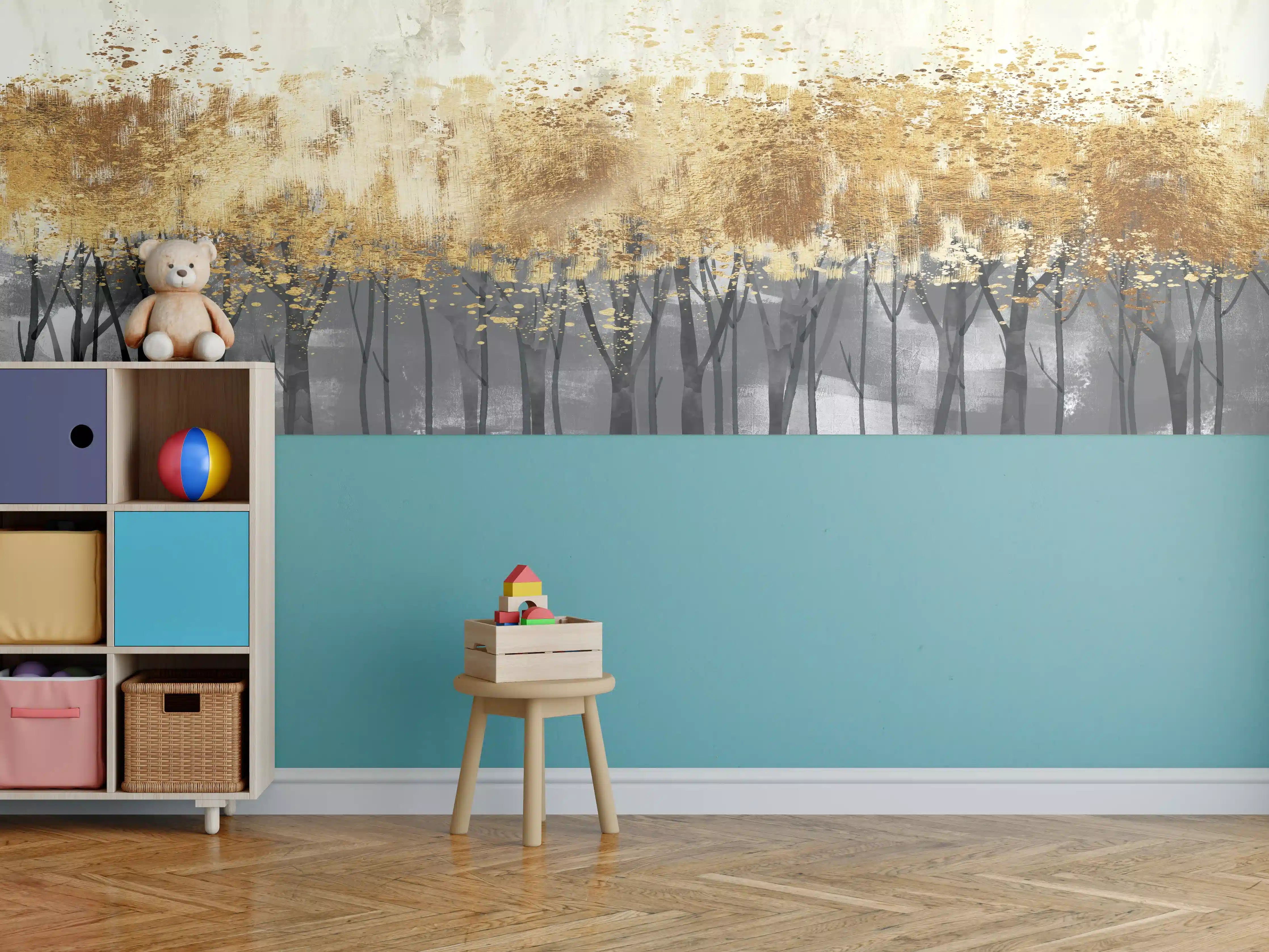 Kinderzimmer Wandgestaltung - Sanfte Baumlandschaft mit Goldakzenten