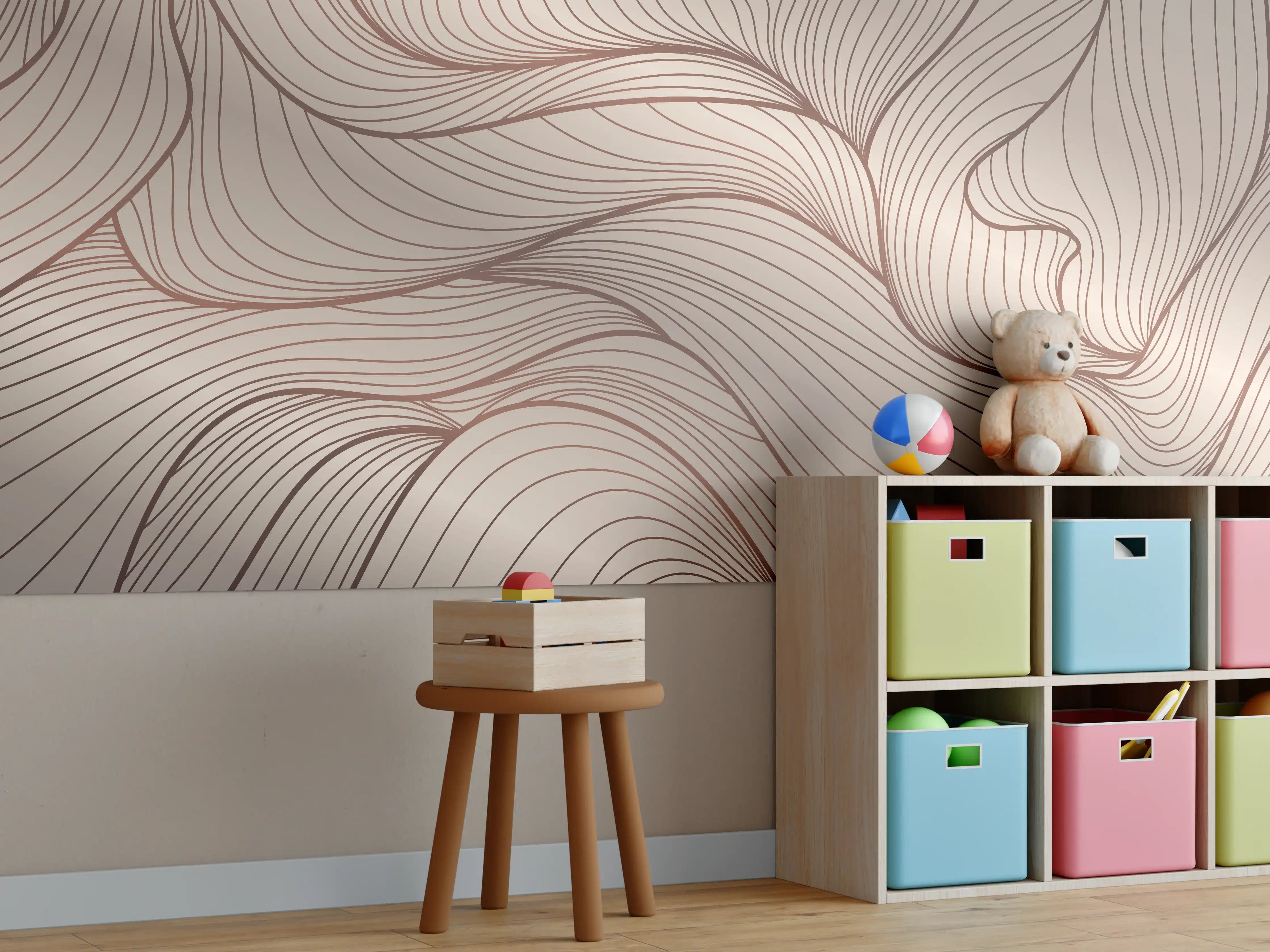 Kinderzimmer Wandgestaltung - Sanfte Beige-Wellen mit feinen Linien