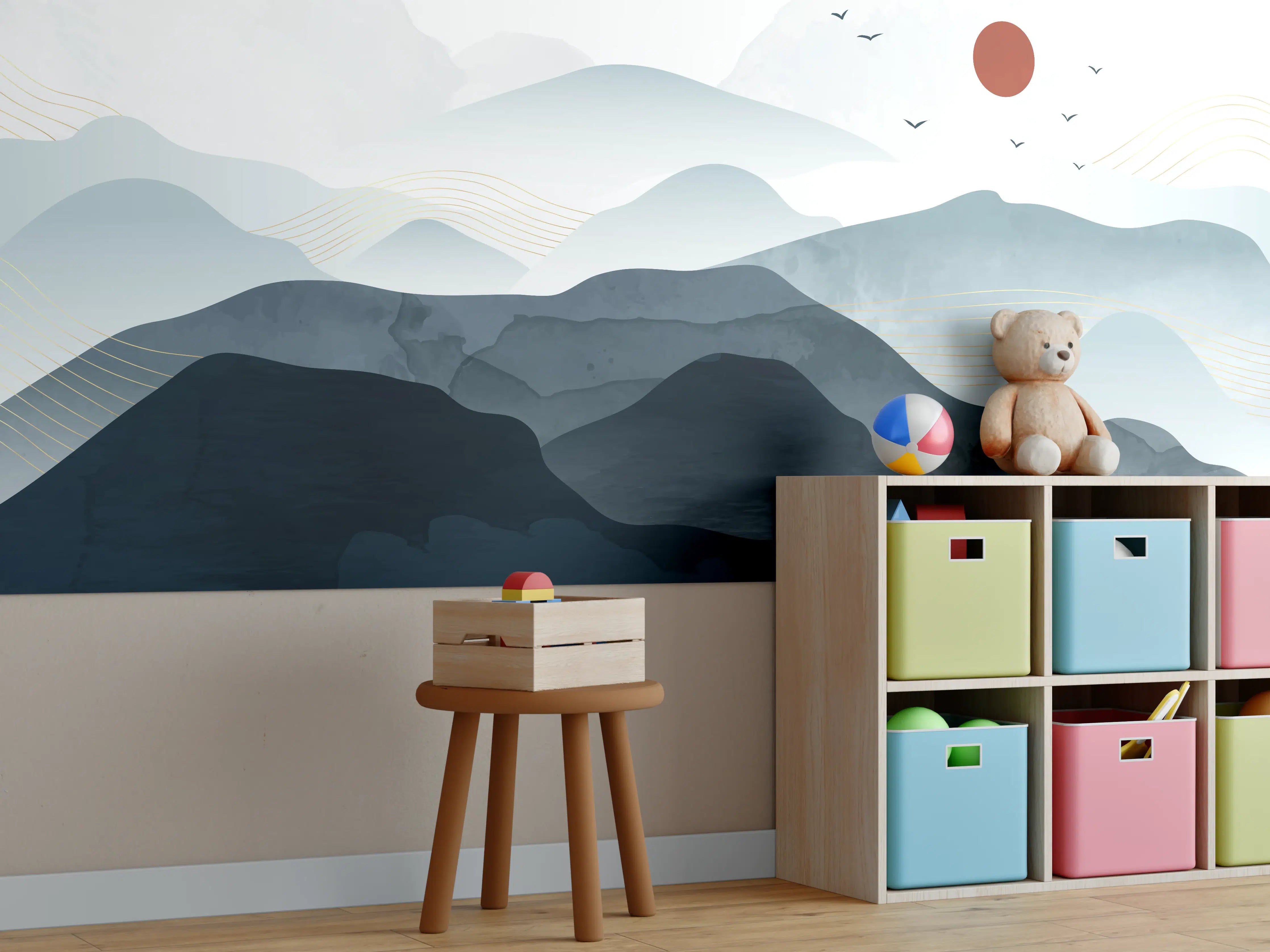 Kinderzimmer Wandgestaltung - Sanfte Berglandschaft mit Sonnenaufgang