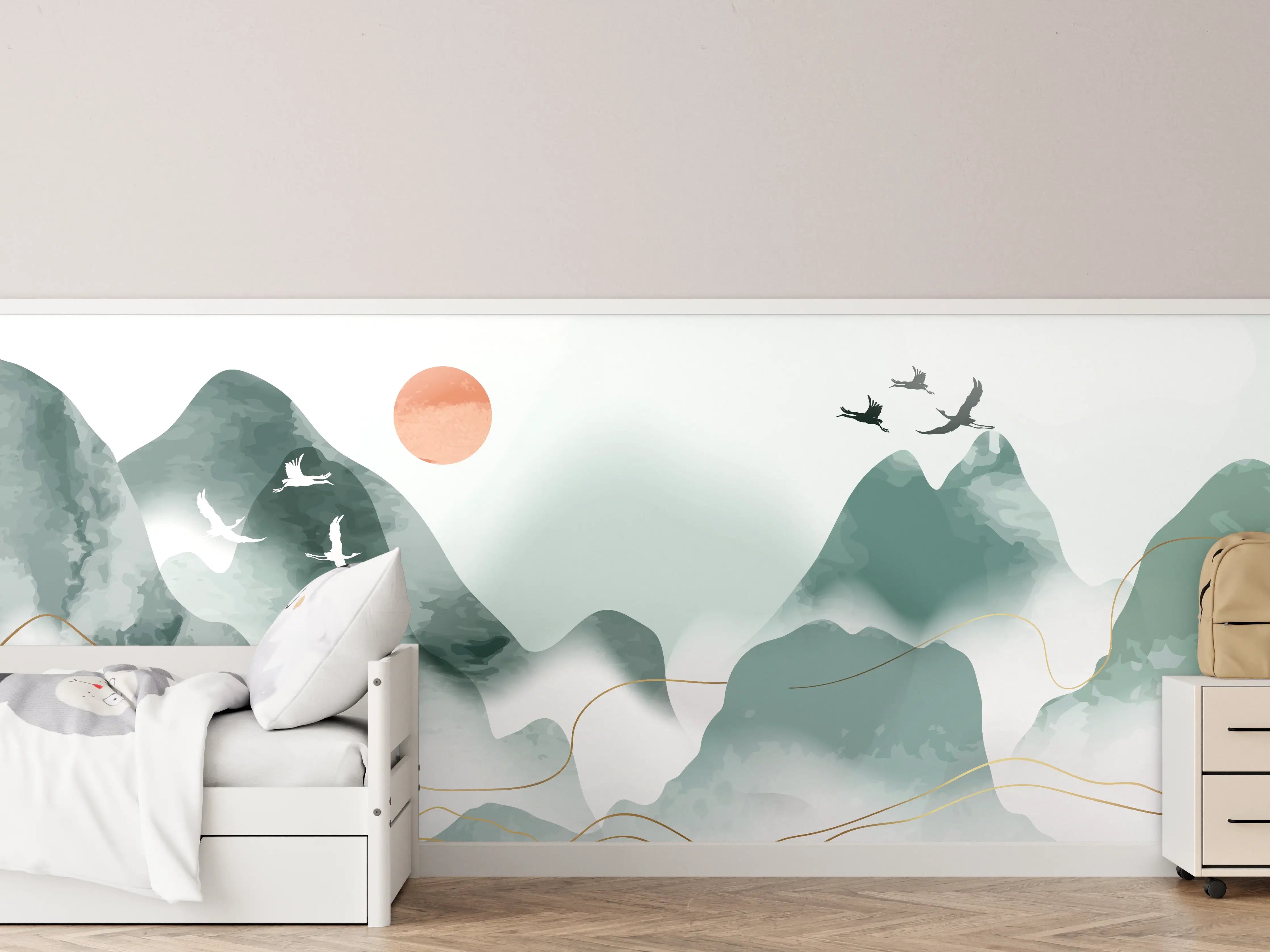 Kinderzimmer Wandgestaltung - Sanfte Berglandschaft mit fliegenden Vögeln