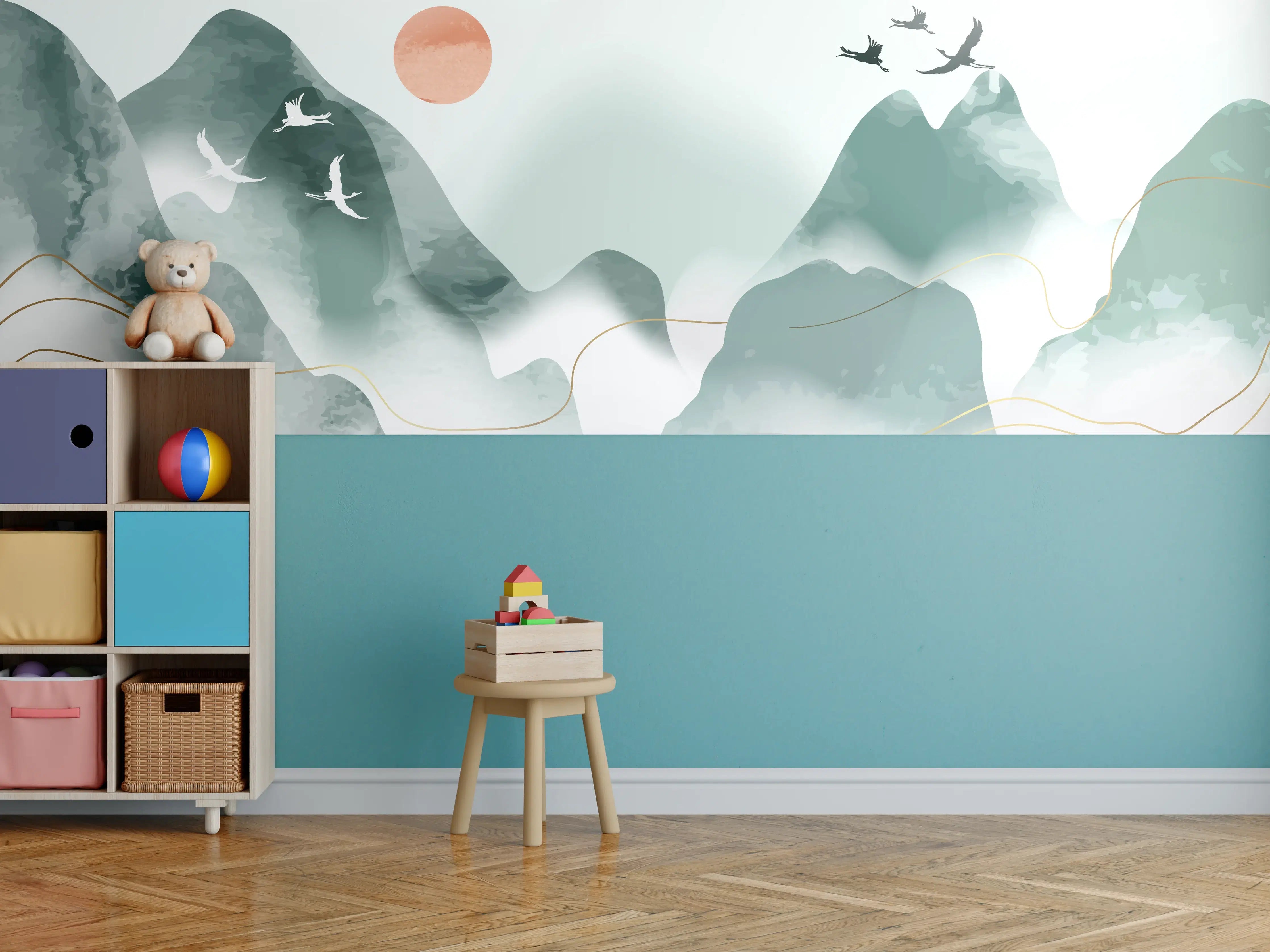 Kinderzimmer Wandgestaltung - Sanfte Berglandschaft mit fliegenden Vögeln